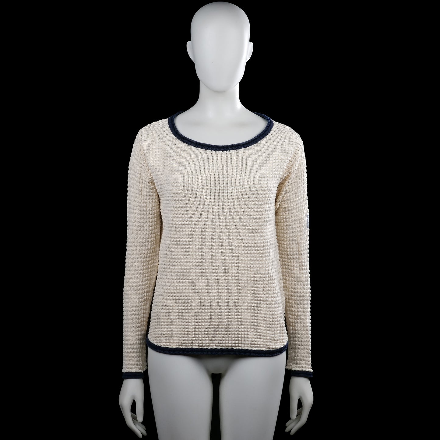 Boomerang - Sweater - Ivory & Navy - Size XS - Ivory long-sleeve top with a round neckline and navy trim at the neck, cuffs, and hem. Solid fabric with a curved hem and no visible closures.