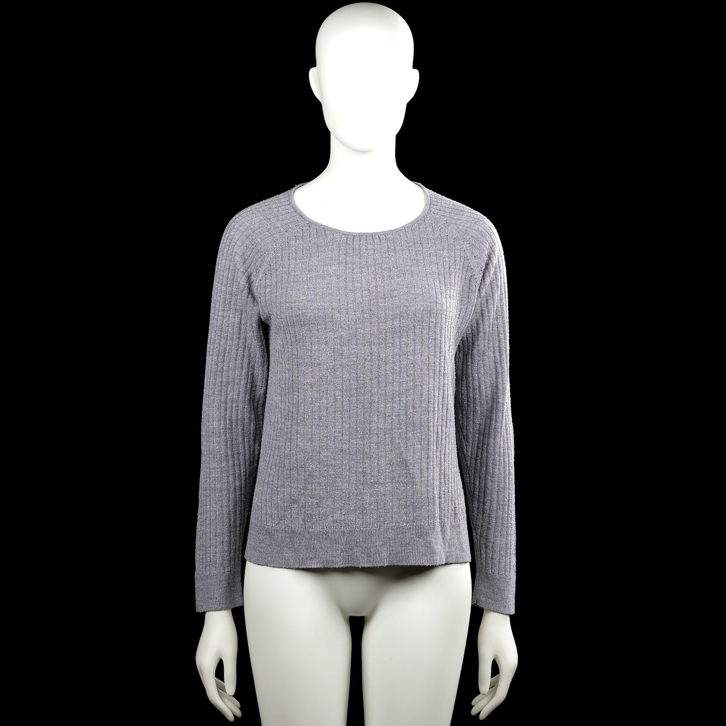 Sweater - Gray - Size L - Gray solid ribbed knit top with a round neckline and long sleeves. Straight hem with side slits and plain cuffs.