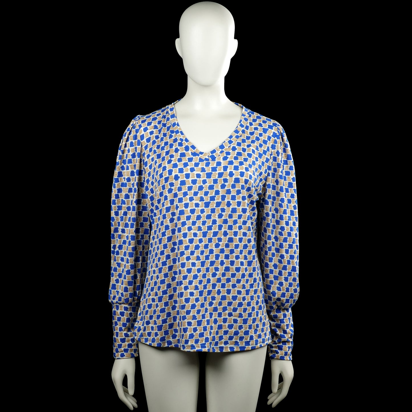 Soultouch - Long-sleeve top - Royal Blue & Beige - Size L, XL - Royal blue and beige checked top with a V-neckline and long sleeves. Straight hem and plain cuffs with gathered shoulders.