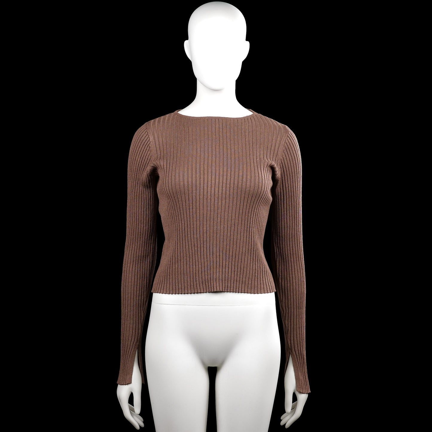 Samsa - Sweater - Brown - Size M - Brown solid ribbed top with a boat neck and long sleeves. Features plain cuffs and a straight hem.