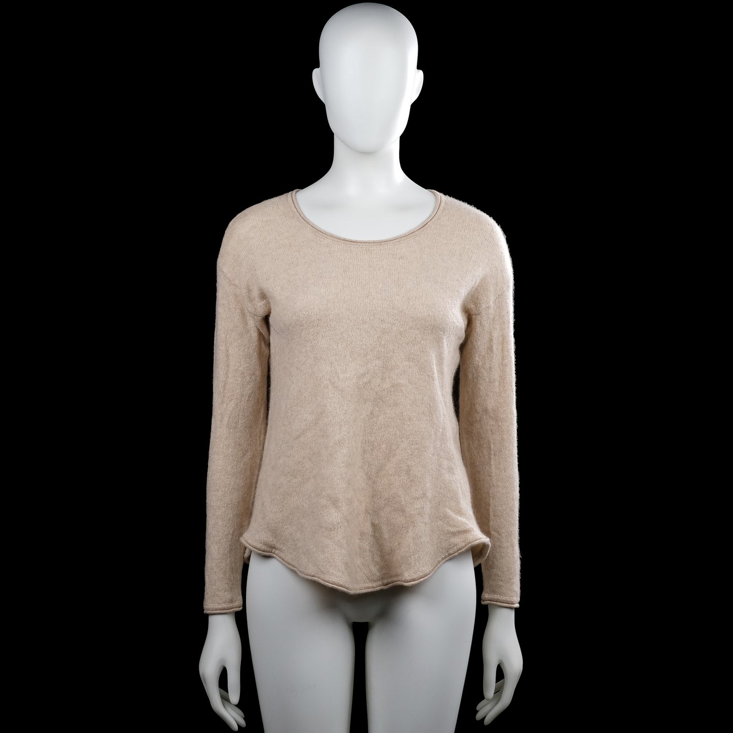Design - Sweater - Beige - Size M - Beige solid long-sleeve top with a round neck and plain cuffs. Features a curved hem with no visible closures.