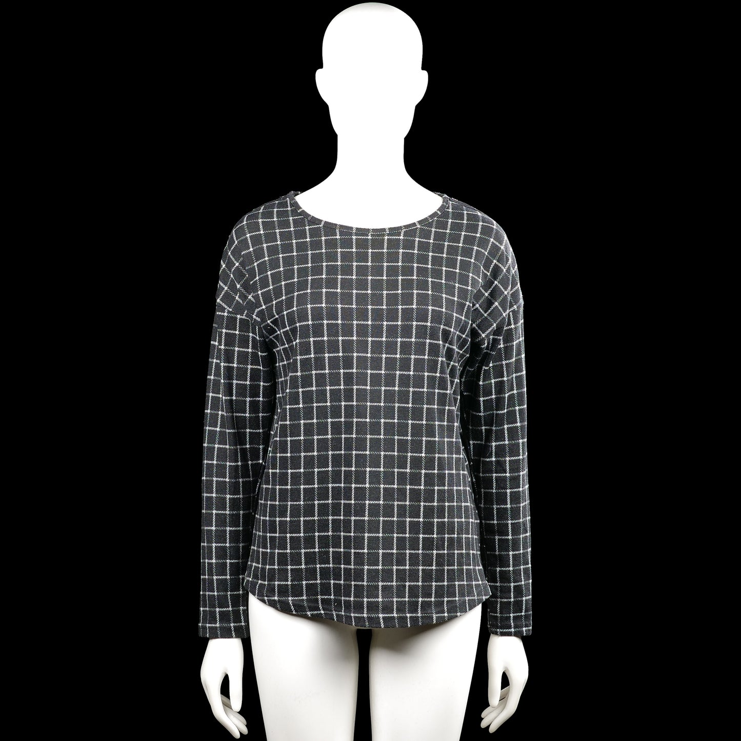 In shape - Long-sleeve top - Charcoal & White - Size S - Charcoal and white checked top with a boat neck and long sleeves. Features plain cuffs, a curved hem, and button detailing along the shoulder.