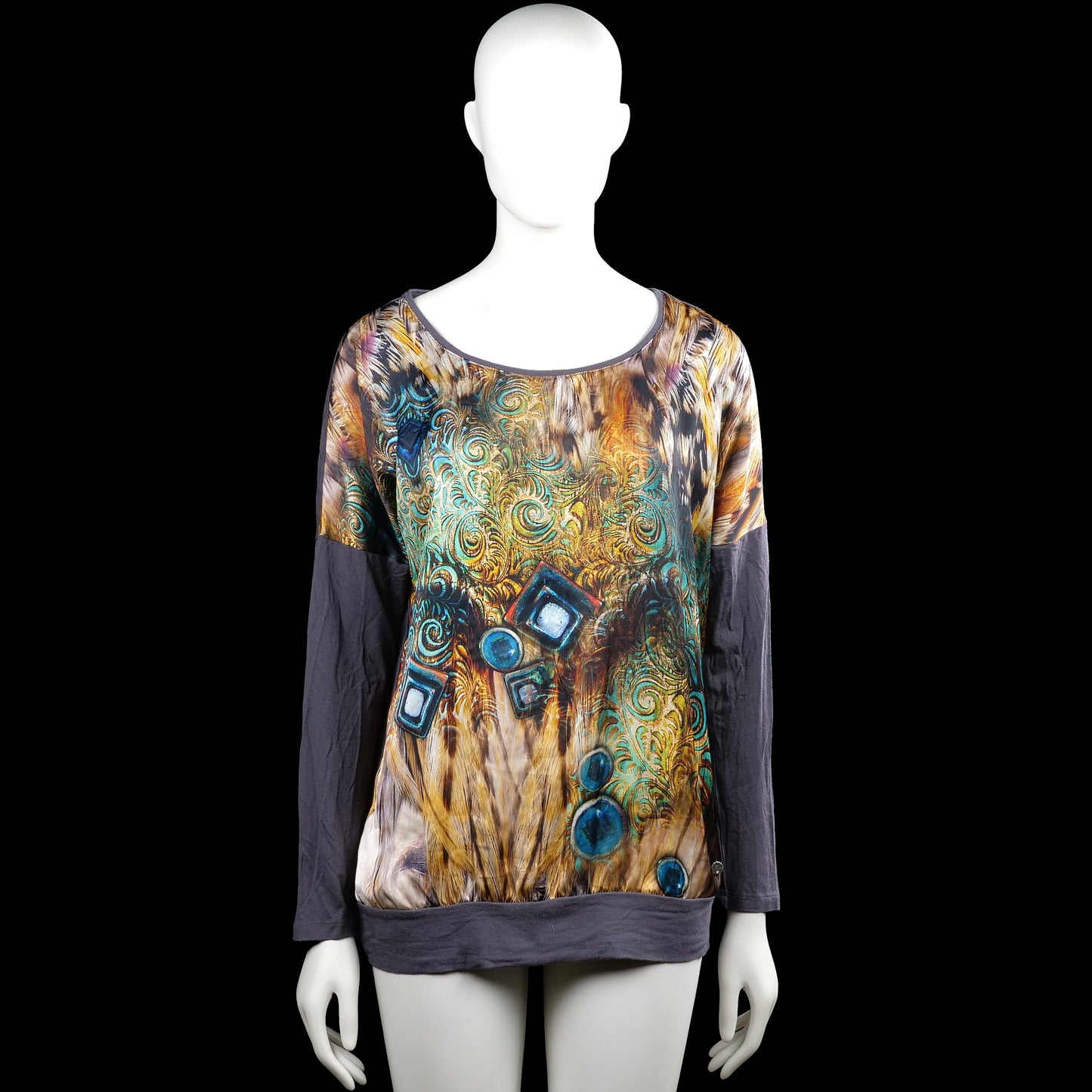 Poools - Long-sleeve top - Multicolored - Size XXL - Multicolored printed top with a scoop neckline and long sleeves. Features plain cuffs and a straight hem with a solid dark gray back panel.