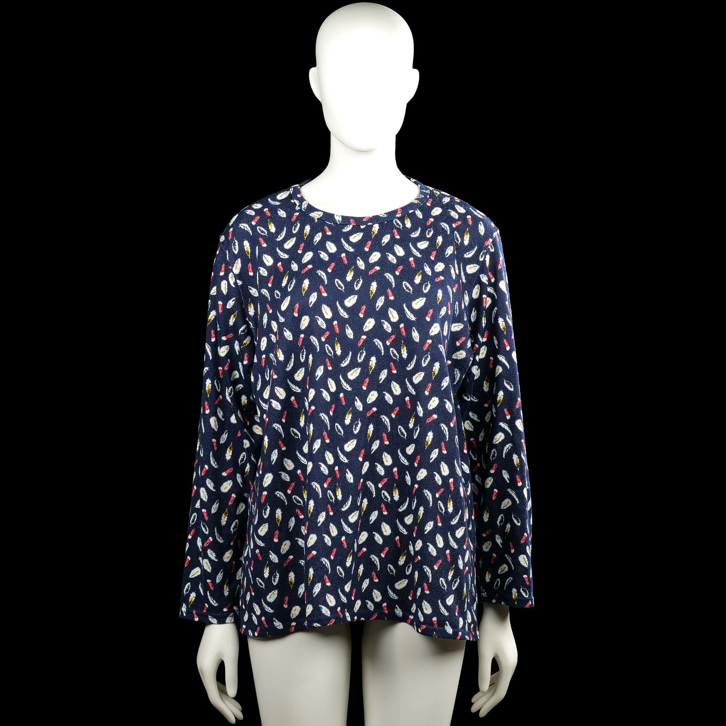 Xin da - Tunic - Navy & White - Size XXL, XXXL - Navy long-sleeve top with a round neckline and an all-over white, red, and yellow print. Straight hem and plain sleeve cuffs.