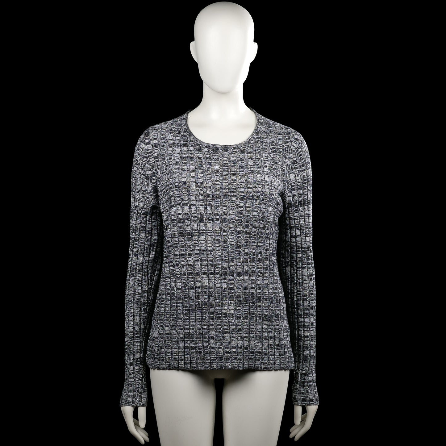 Jake's - Sweater - Gray & Black - Size M - Gray and black checked top with a scoop neckline and long sleeves. Straight hem with plain cuffs.