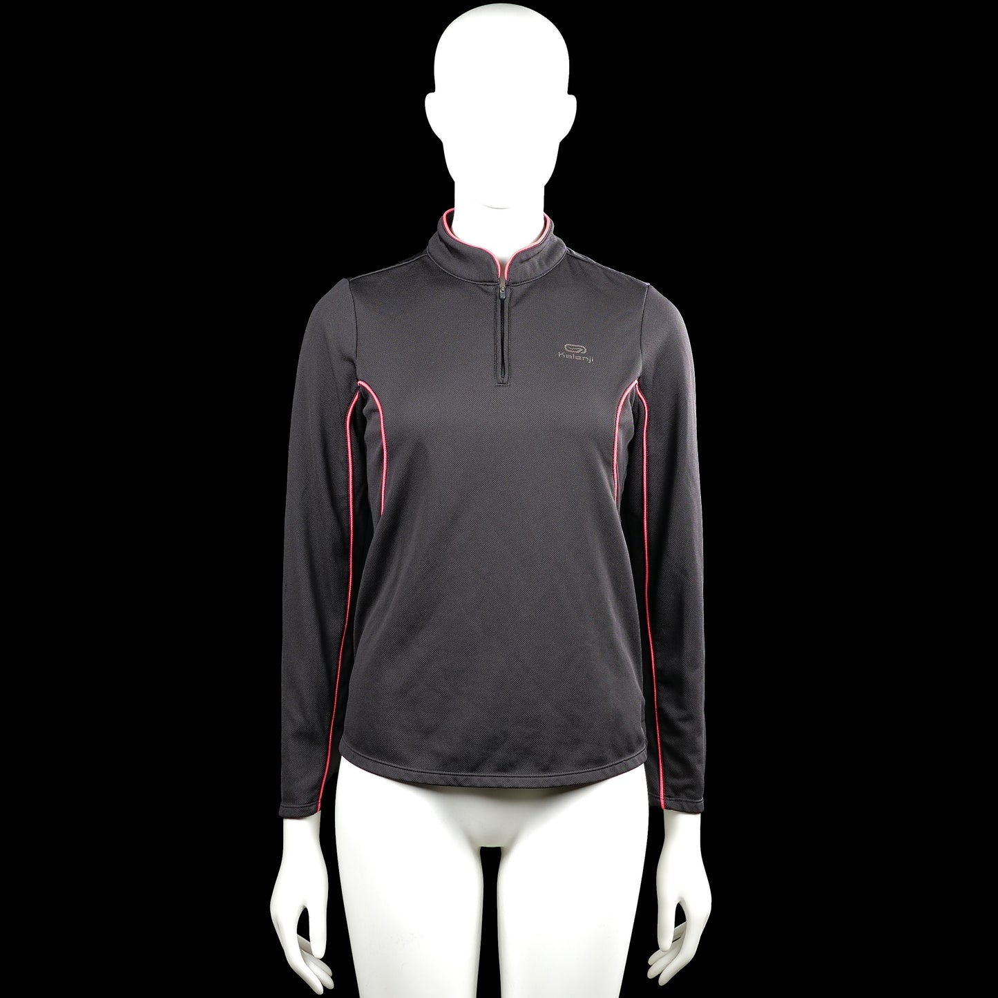 Decathlon creation - Sports top - Charcoal & Pink - Size 40 - Charcoal solid long-sleeve top with a high neck and short front zip closure. Pink contrast piping and plain cuffs with a straight hem.