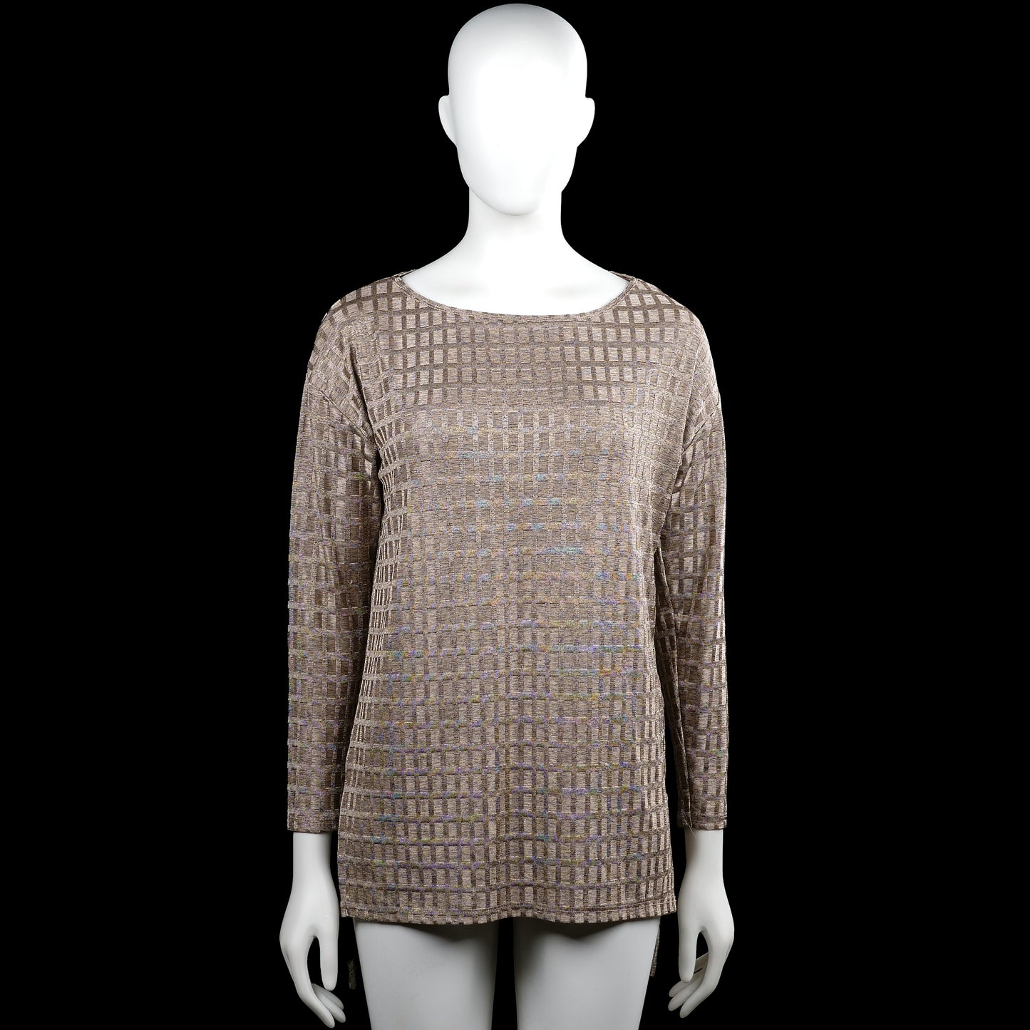 Zara w&b - Tunic - Taupe & Beige - Size M - Taupe and beige checked tunic with a boat neckline and long sleeves. Straight hem with side slits and plain cuffs.