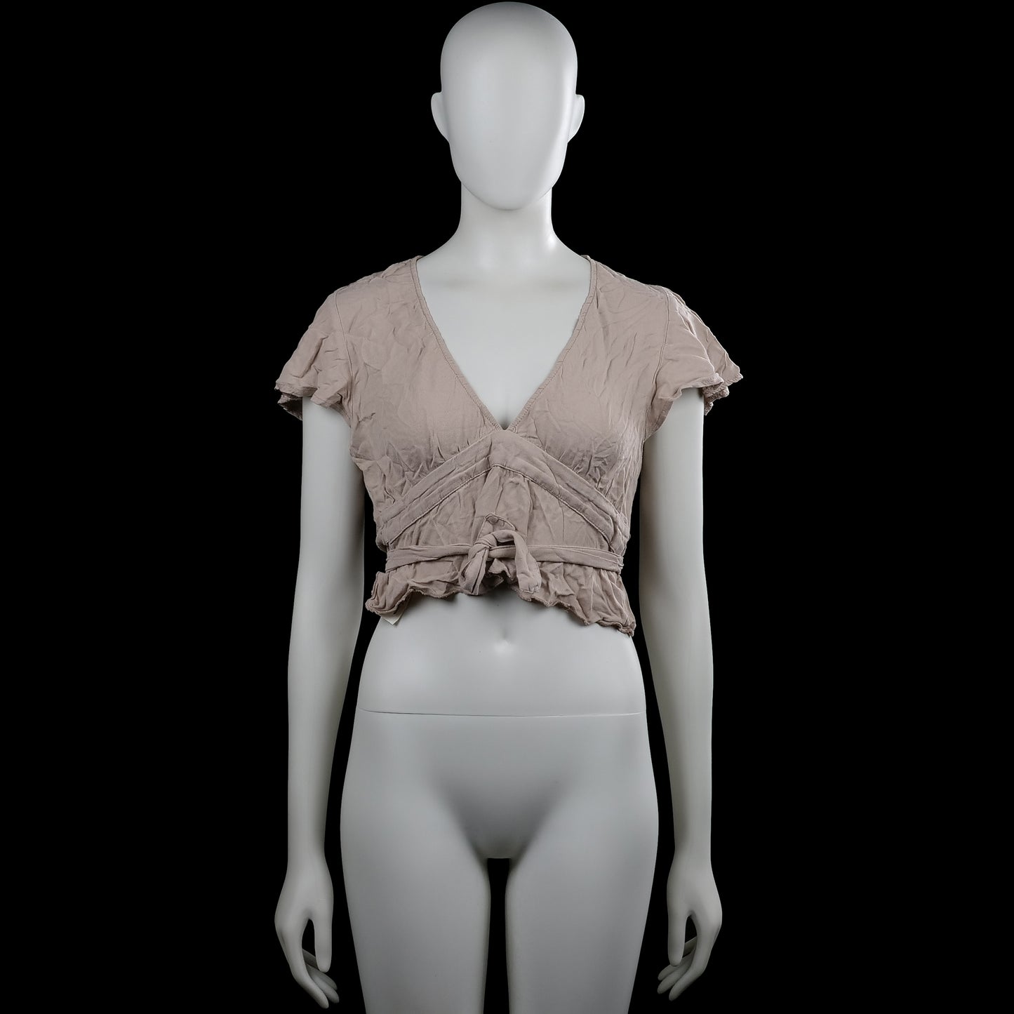 Melville - Blouse - Taupe - Size S - Taupe solid top with a V-neck and short flutter sleeves. Features a tie belt at the waist and a ruffled hem.