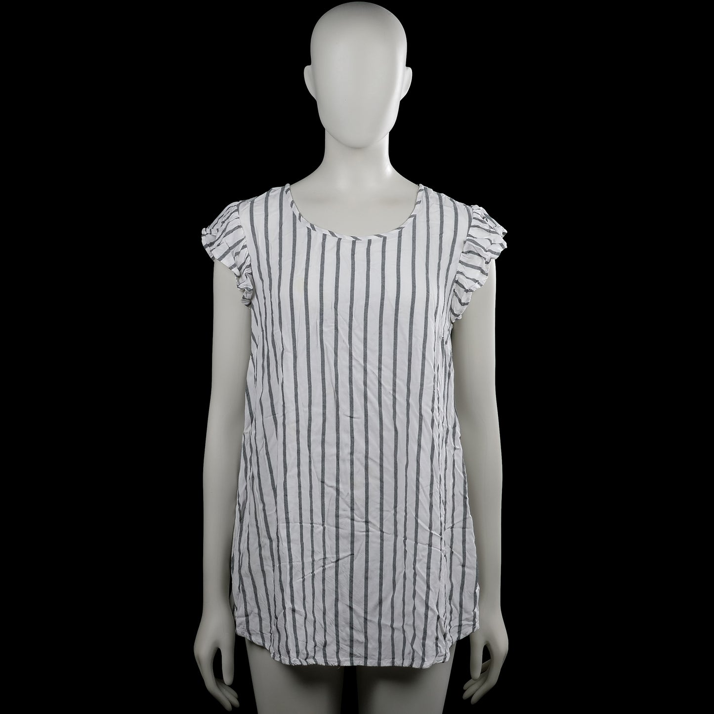 Gina mama - Tunic - White & Gray - Size 38 - White and gray vertically striped top with a scoop neckline and short ruffle sleeves. Features a curved hem and a small back keyhole opening with a button closure.