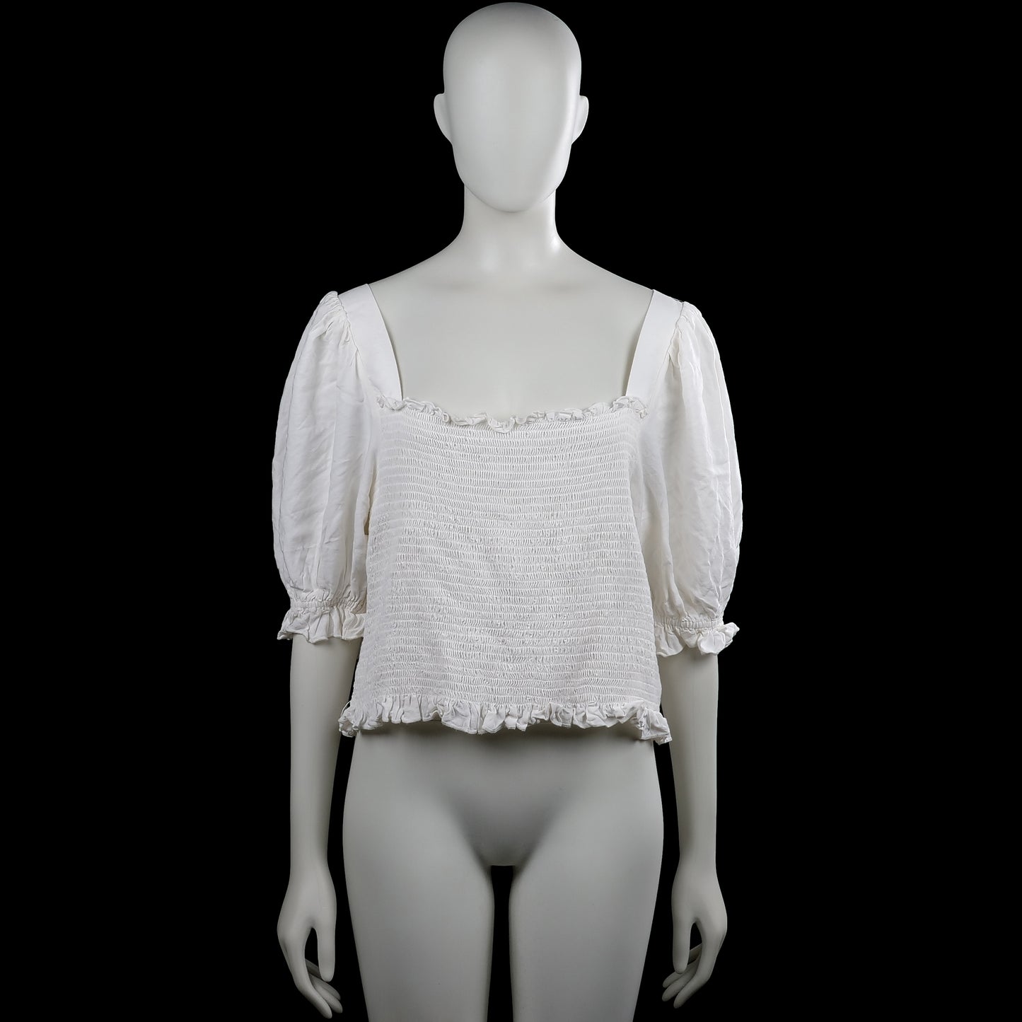 H&M - Blouse - White - Size XL - White solid smocked top with a squared neckline and three-quarter puff sleeves. Features elastic cuffs and a ruffled hem, with a back tie at the neckline.