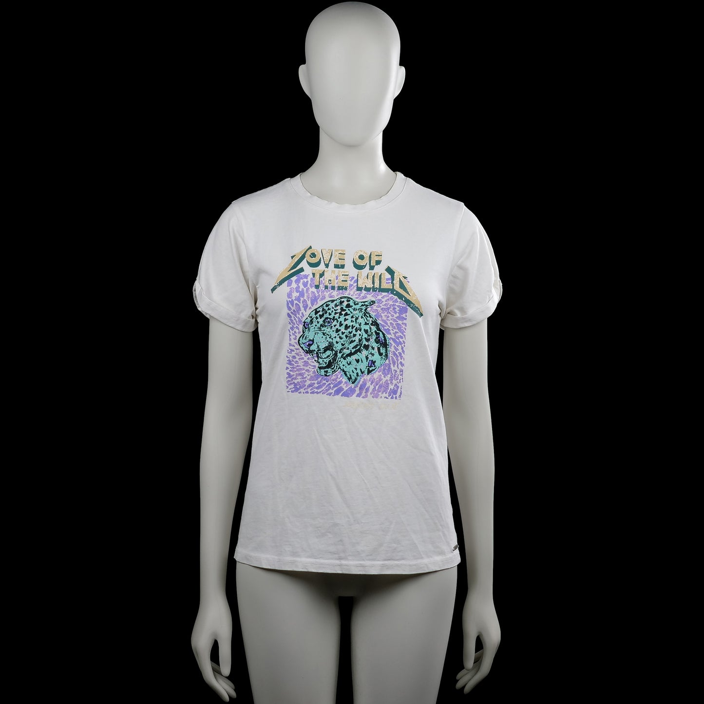 Ambika - T-shirt - White - Size M, L - White short-sleeve T-shirt with a round neck and rolled sleeve cuffs. Features a large front graphic print and a straight hem.