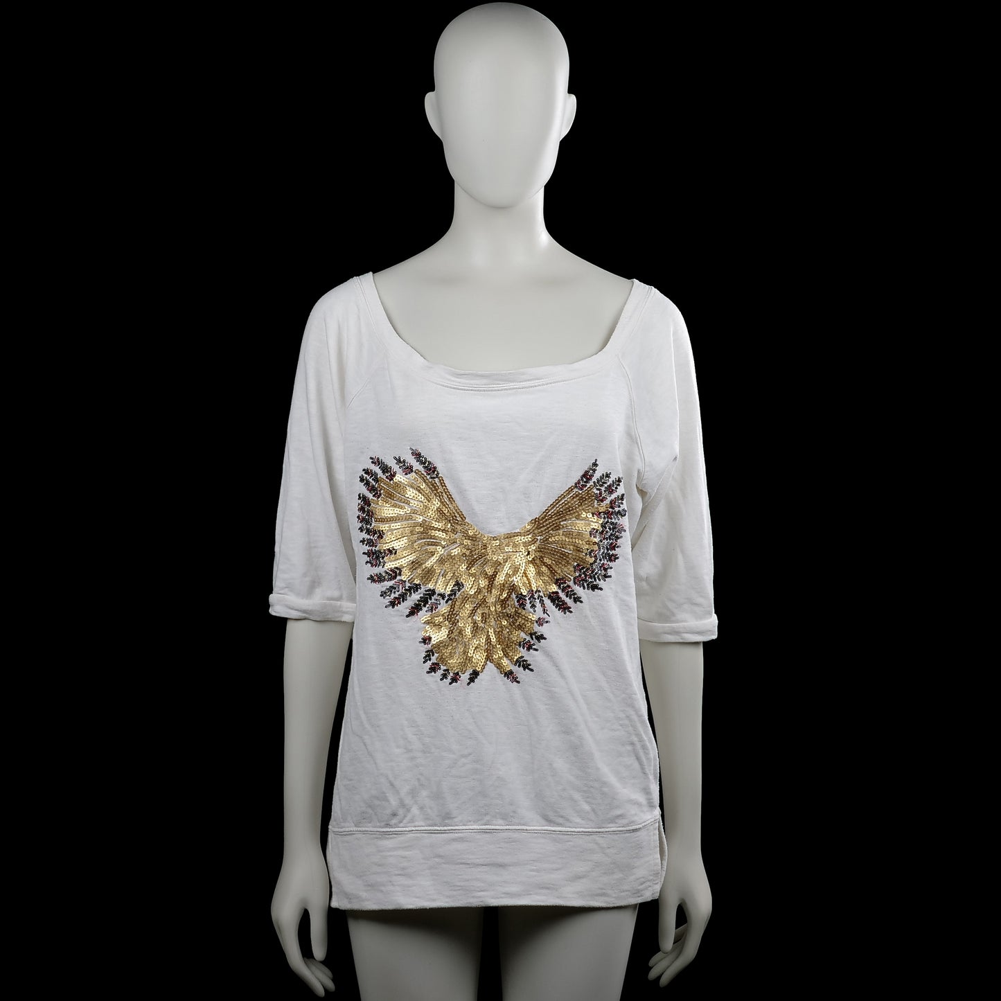 Rosa & friends - T-shirt - White - Size M - White solid top with a scoop neckline and three-quarter sleeves with plain cuffs. Features a large sequined bird graphic on the front and a straight hem with side slits.