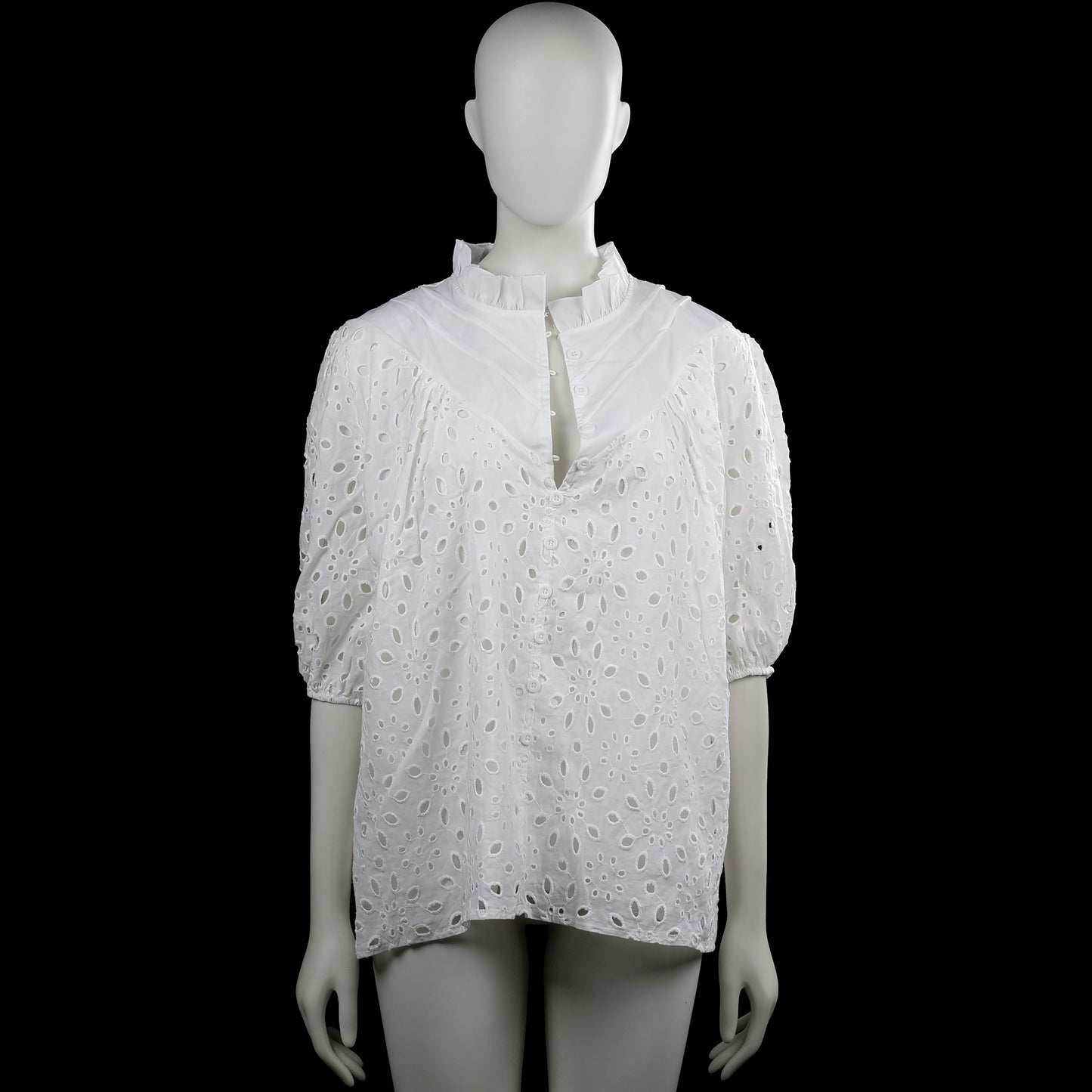 Blouse - White - Size XL - White top with a high ruffle neckline and short puff sleeves with elastic cuffs. Features a floral eyelet pattern, a partial button placket at the front, and a straight hem.