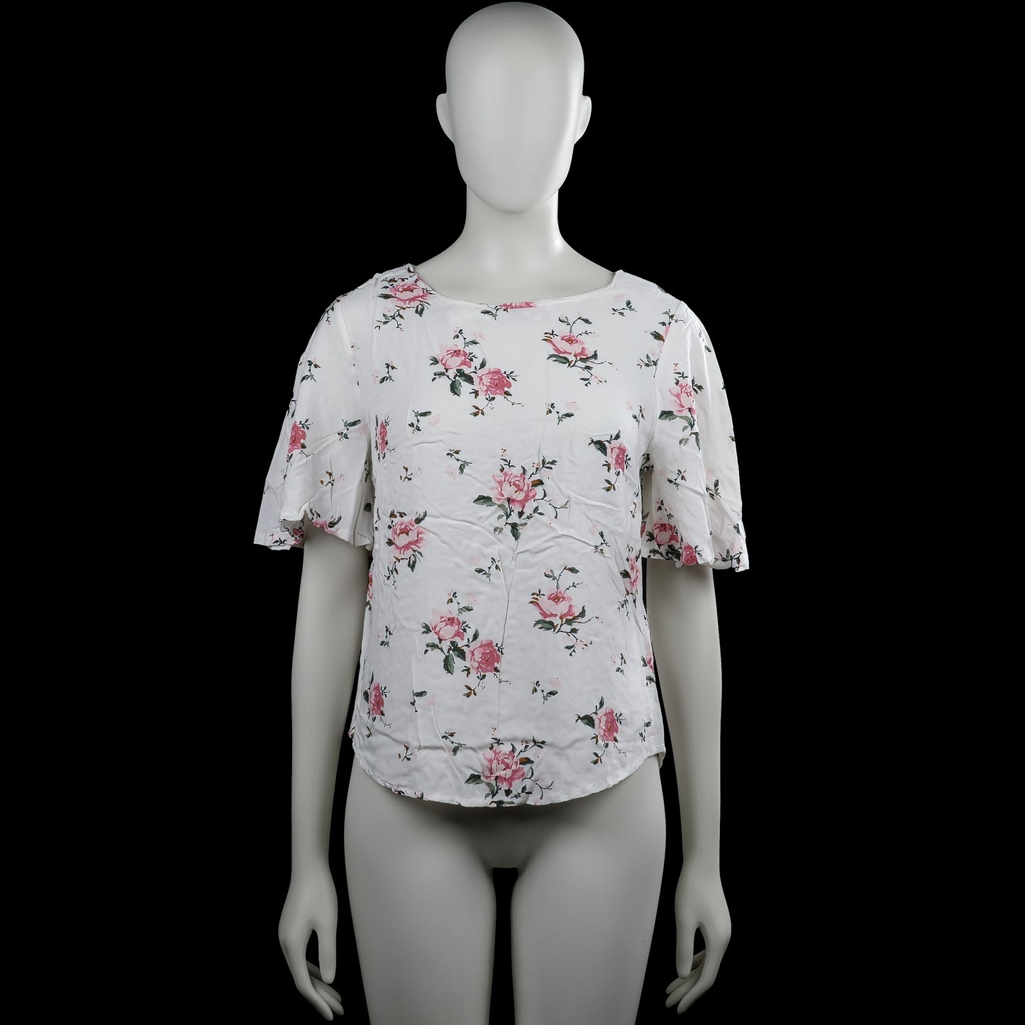 157 angelology - Blouse - White & Pink - Size S - White top with a pink floral pattern and a boat neckline. Features short flared sleeves and a curved hem.