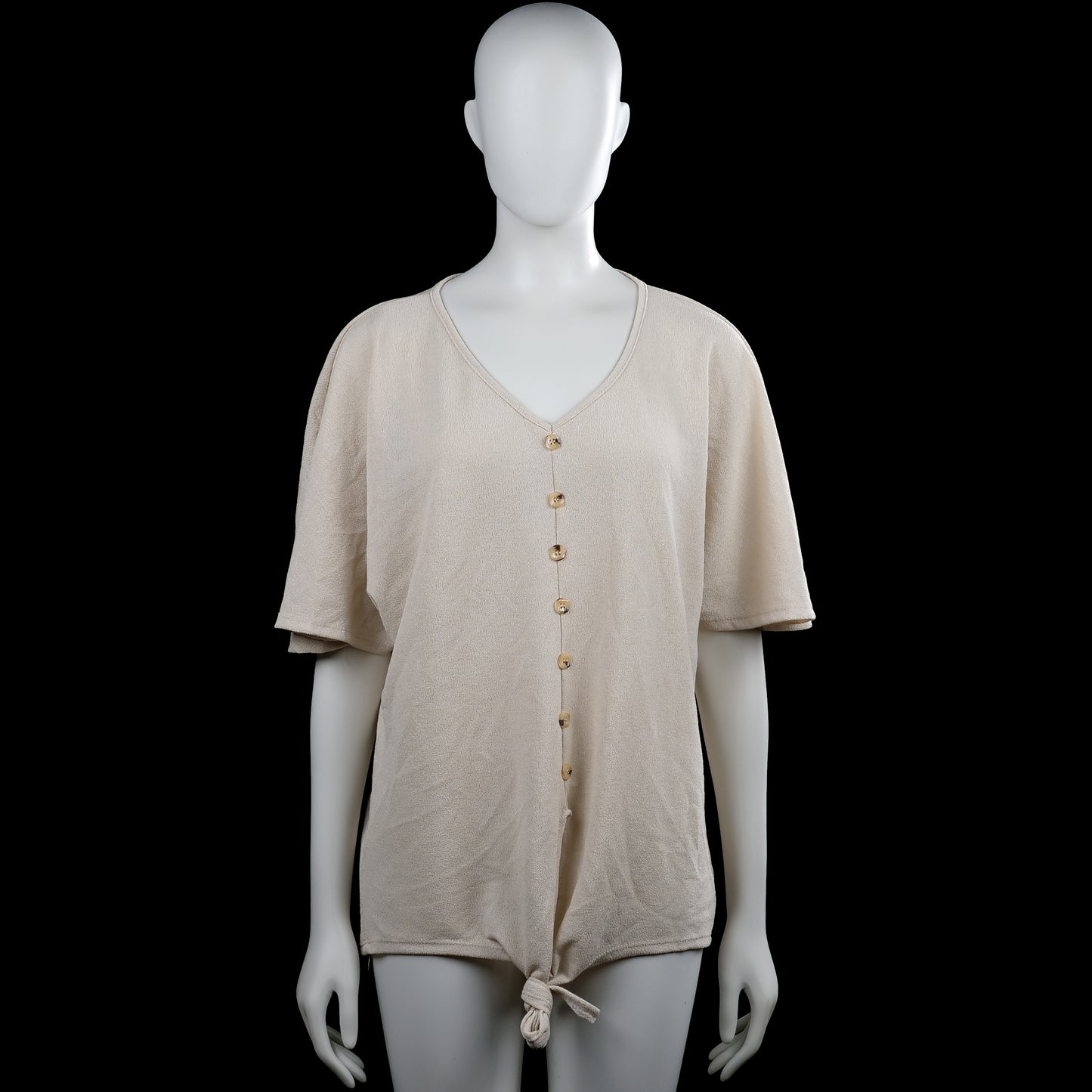 Made In Italy - Tunic - Beige - Size L - Beige solid top with a V-neck and short sleeves. Features a front button placket and a straight hem with a tie detail at the bottom.