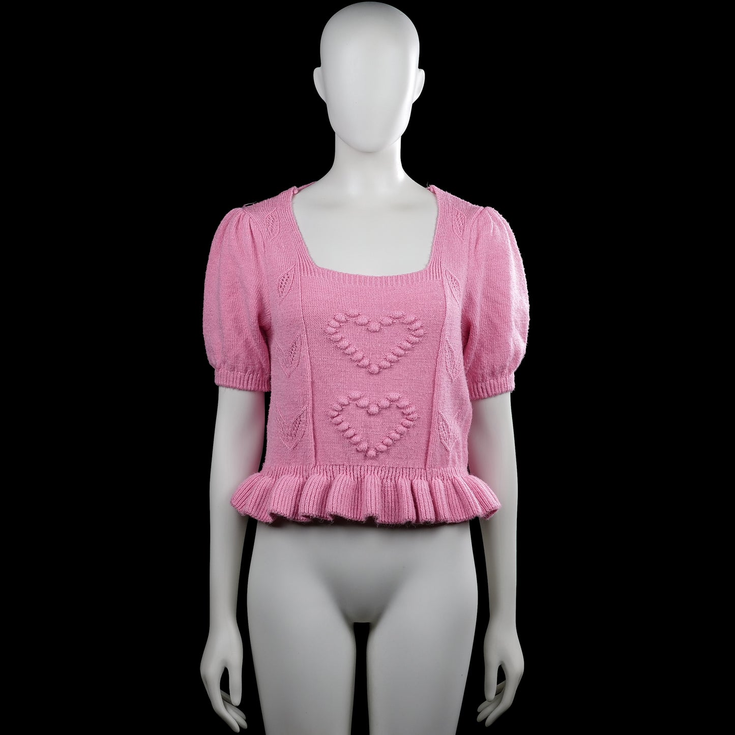 Vero Moda - Sweater - Pink - Size S - Pink solid knit top with a squared neckline and short puff sleeves with ribbed cuffs. Features raised heart detailing on the front and a ruffled hem.