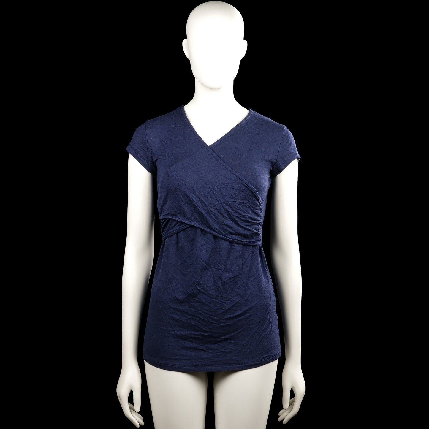 Envie de fraise - Tunic - Navy - Size S - Navy solid top with a V-neck and short sleeves. Features a wrap-style front with gathered detailing at the waist and a straight hem.