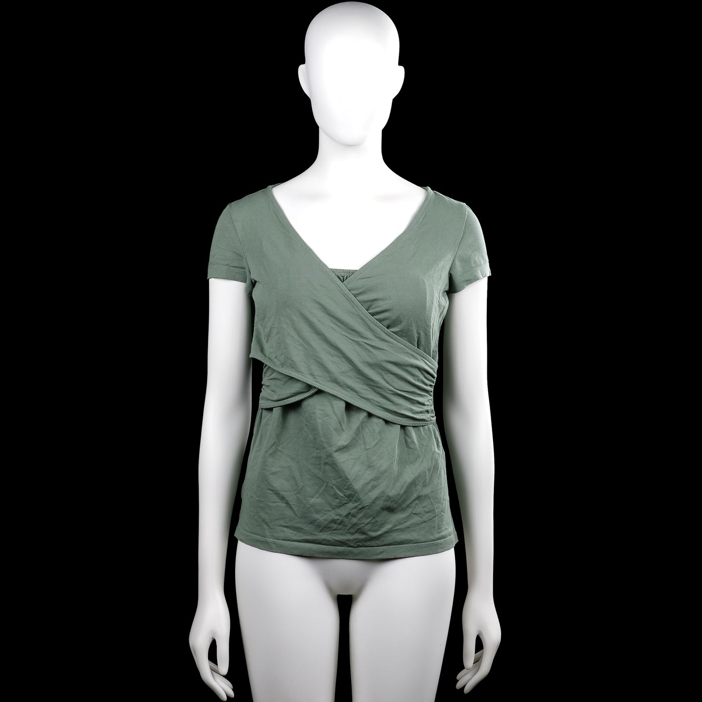 Even&odd - T-shirt - Sage - Size S - Sage solid top with a V-neck and short sleeves. Features a wrap-style front and a straight hem.