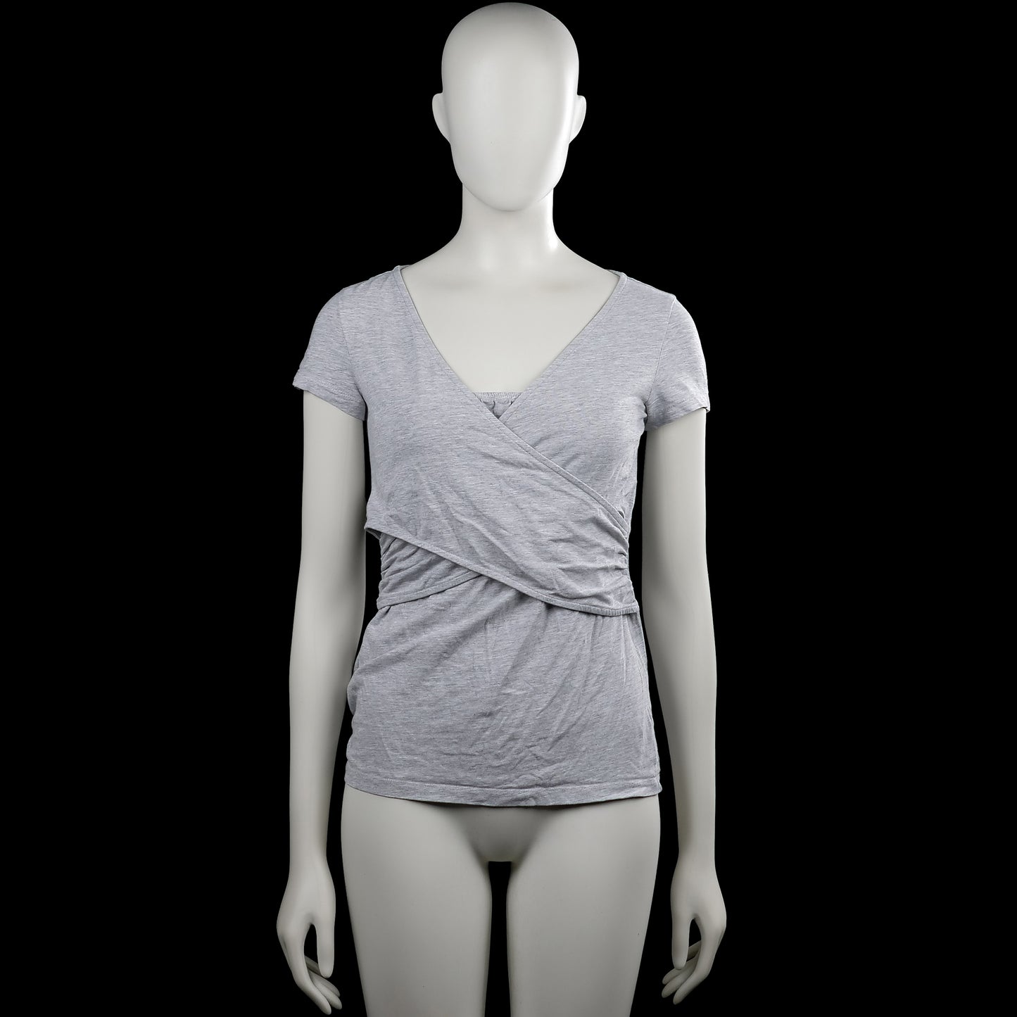 Even&odd - T-shirt - Light Gray - Size S - Light gray solid top with a V-neck and short sleeves. Wrap-style front with gathered fabric at the side and a straight hem.