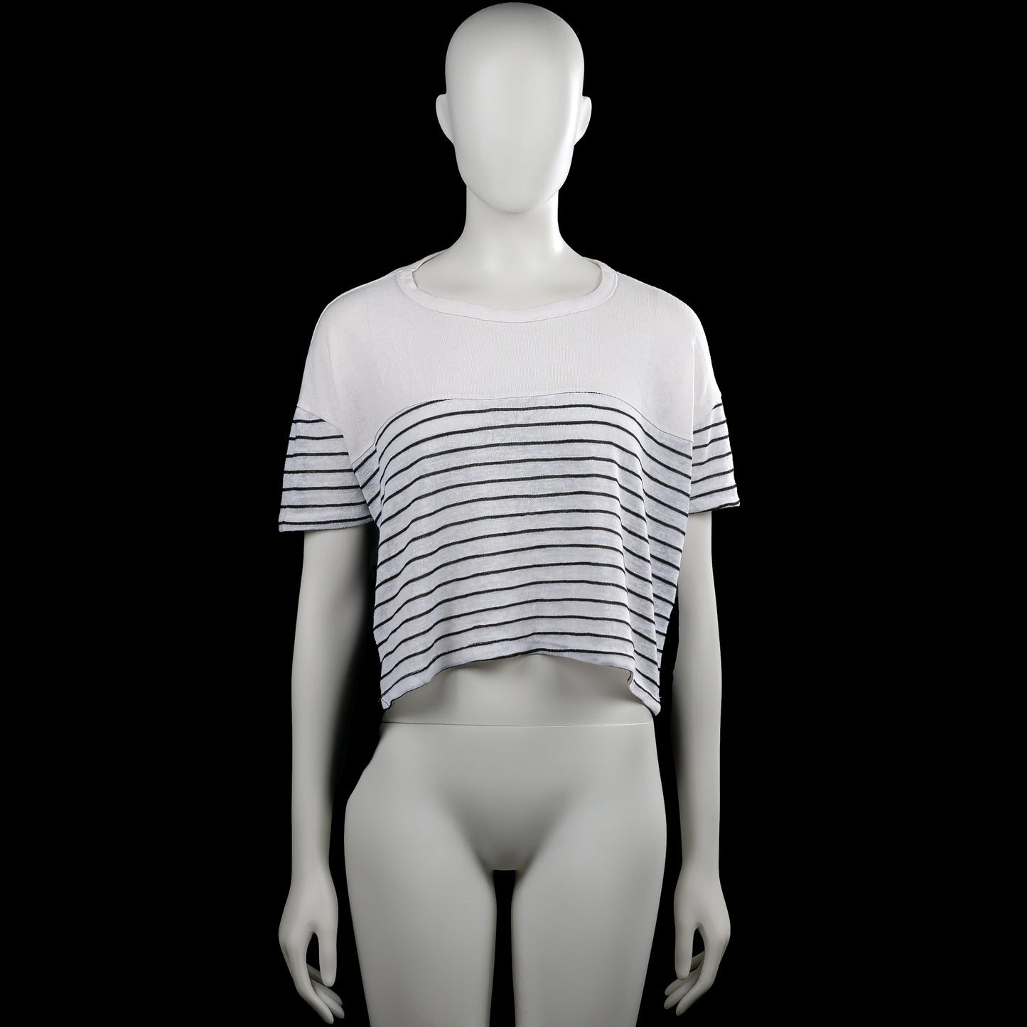 T-shirt - White & Black - Size L - White and black top with a round neckline and short sleeves. Features horizontal stripes on the front and sleeves, a solid black back panel, and an asymmetrical hem.