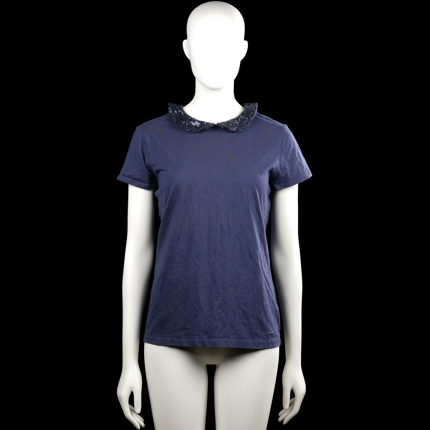 Hilfiger - T-shirt - Navy - Size S - Navy solid short-sleeve top with a classic collar featuring a sequined collar detail. Straight hem and plain sleeve cuffs.