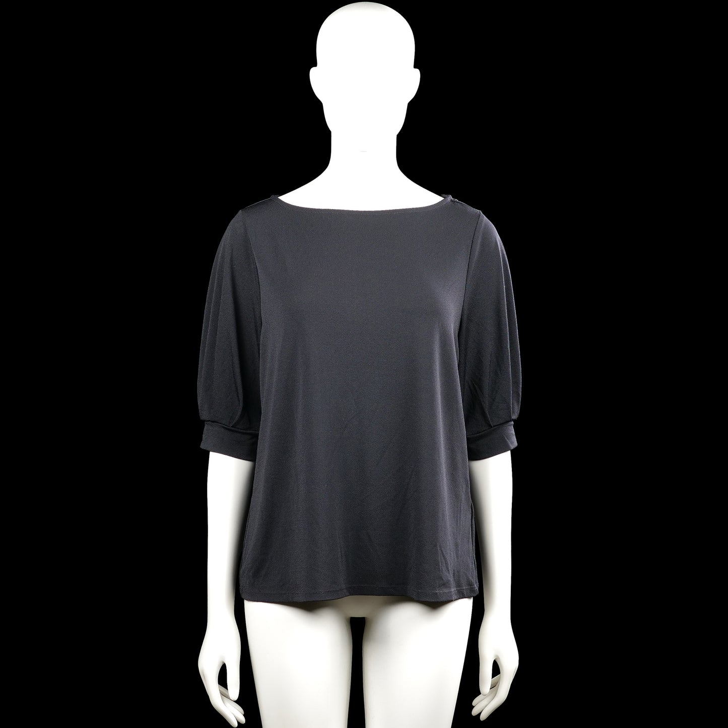 H&M - T-shirt - Charcoal - Size M - Charcoal solid top with a boat neck and three-quarter sleeves. Features plain cuffs with slight gathers and a straight hem.