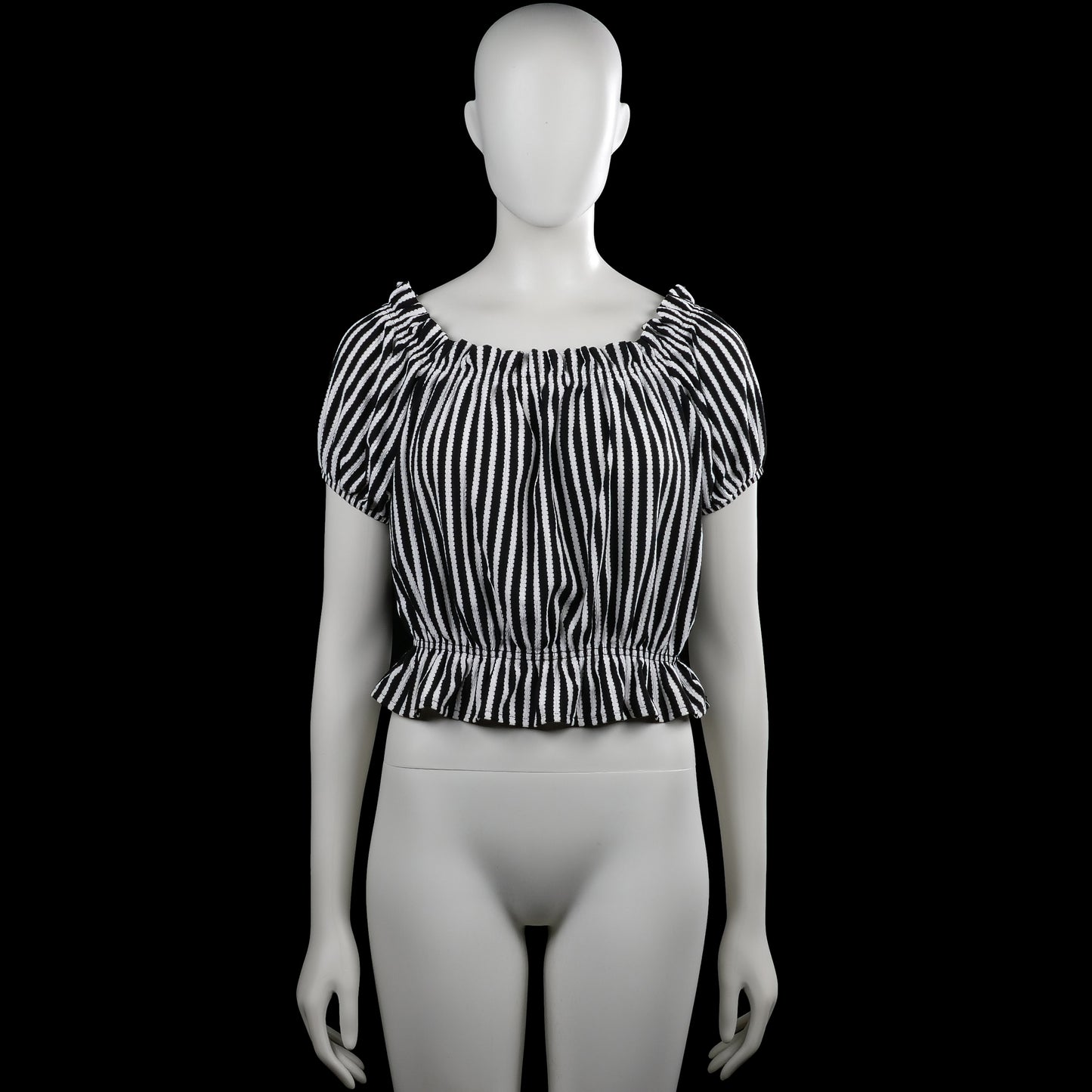 H&M - Blouse - Black & White - Size M - Black and white striped top with a wide boat neckline and short puff sleeves with elastic cuffs. Features an elastic waist and a ruffled hem.