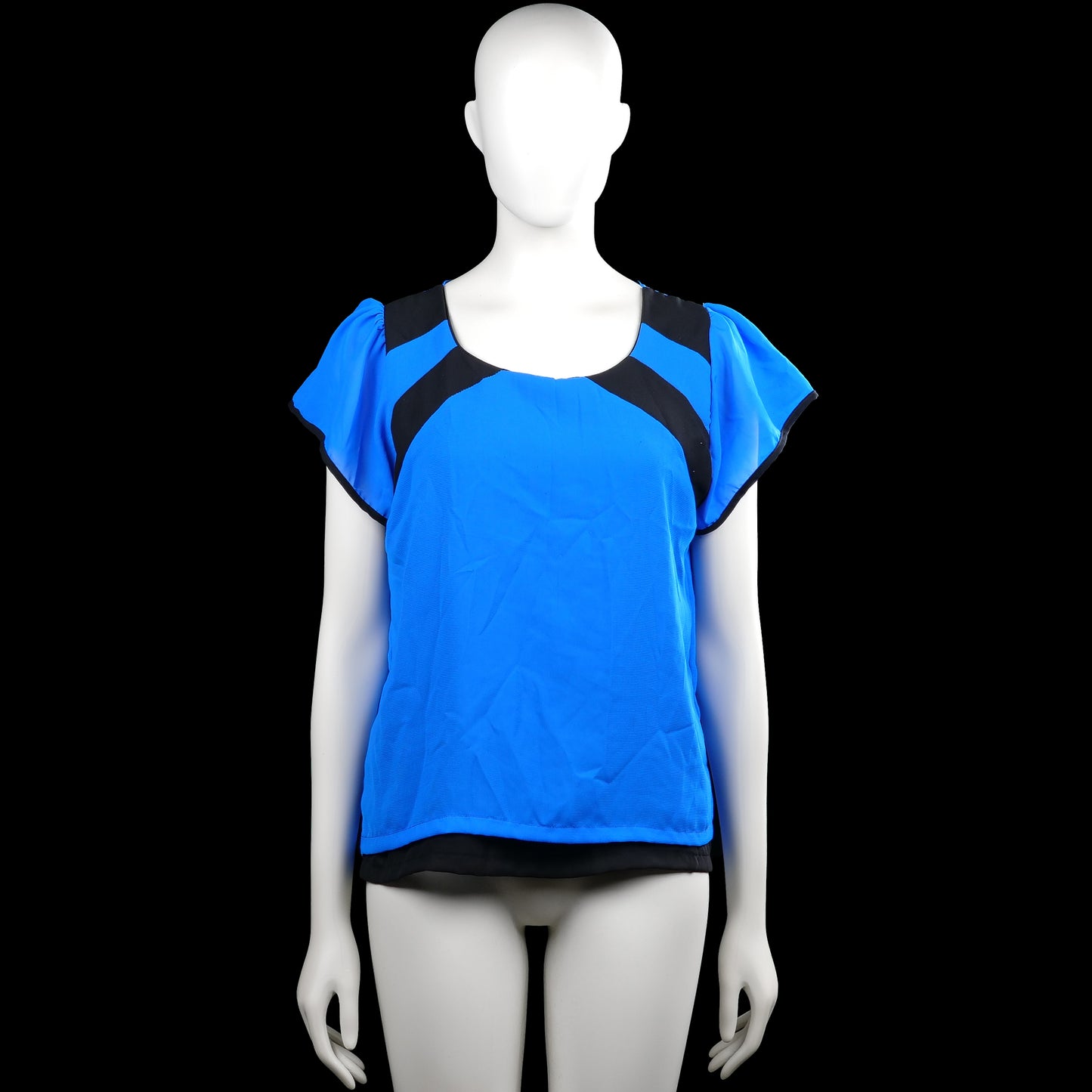 Blouse - Royal Blue & Black - Size L - Royal blue top with black contrast panels at the neckline and shoulders and black trim on the sleeves. Features short sleeves, a scoop neckline, and a straight hem.