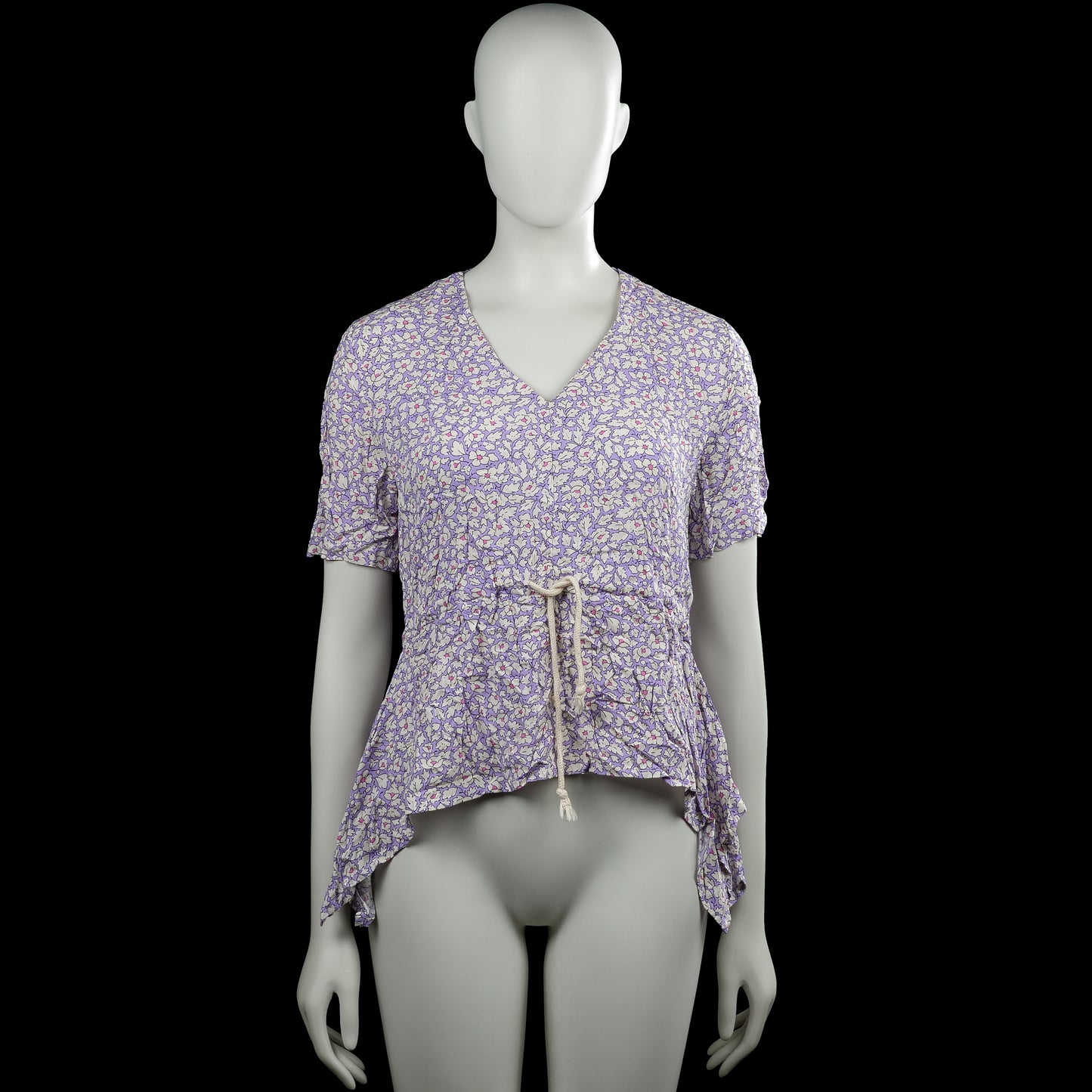 Firesh - Blouse - Lavender & White - Size S - Lavender and white floral top with a V-neck and short sleeves. Features a drawstring waist and a high-low hem.