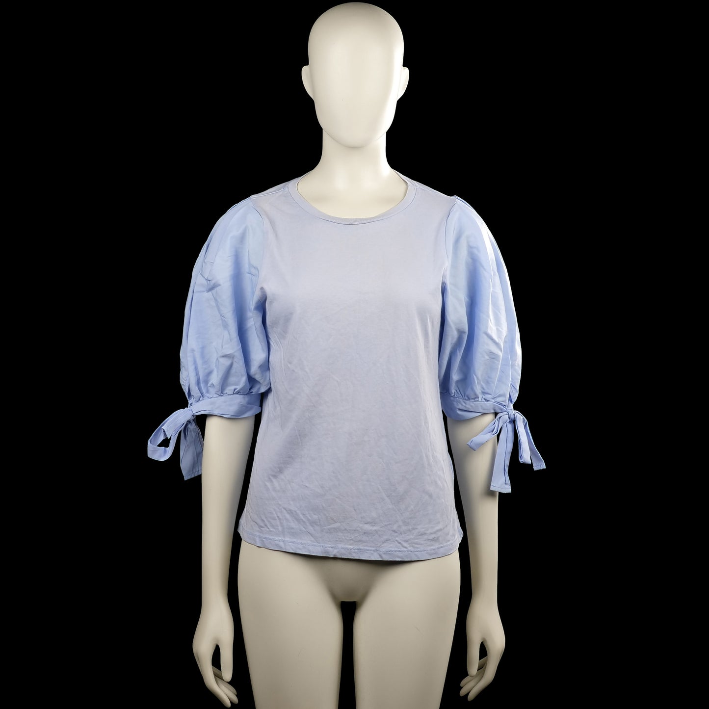 H&M - T-shirt - Light Blue & Denim Blue - Size XS - Two-tone light blue top with a round neck and short puff sleeves finished with tied cuffs. Solid design with a straight hem.