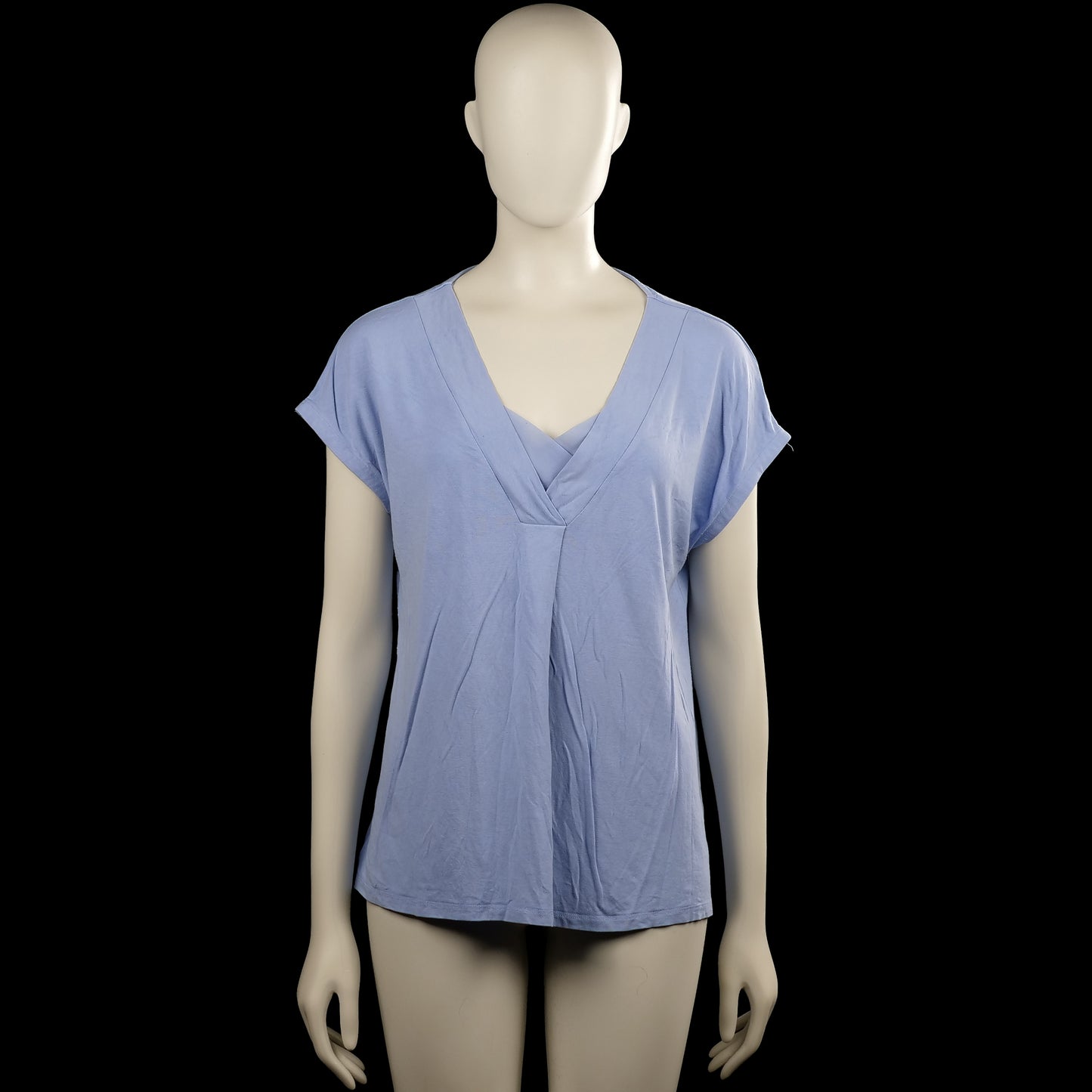 Esprit - T-shirt - Light Blue - Size M - Light blue solid top with a V-neck and short sleeves. Features plain cuffs and a curved hem.