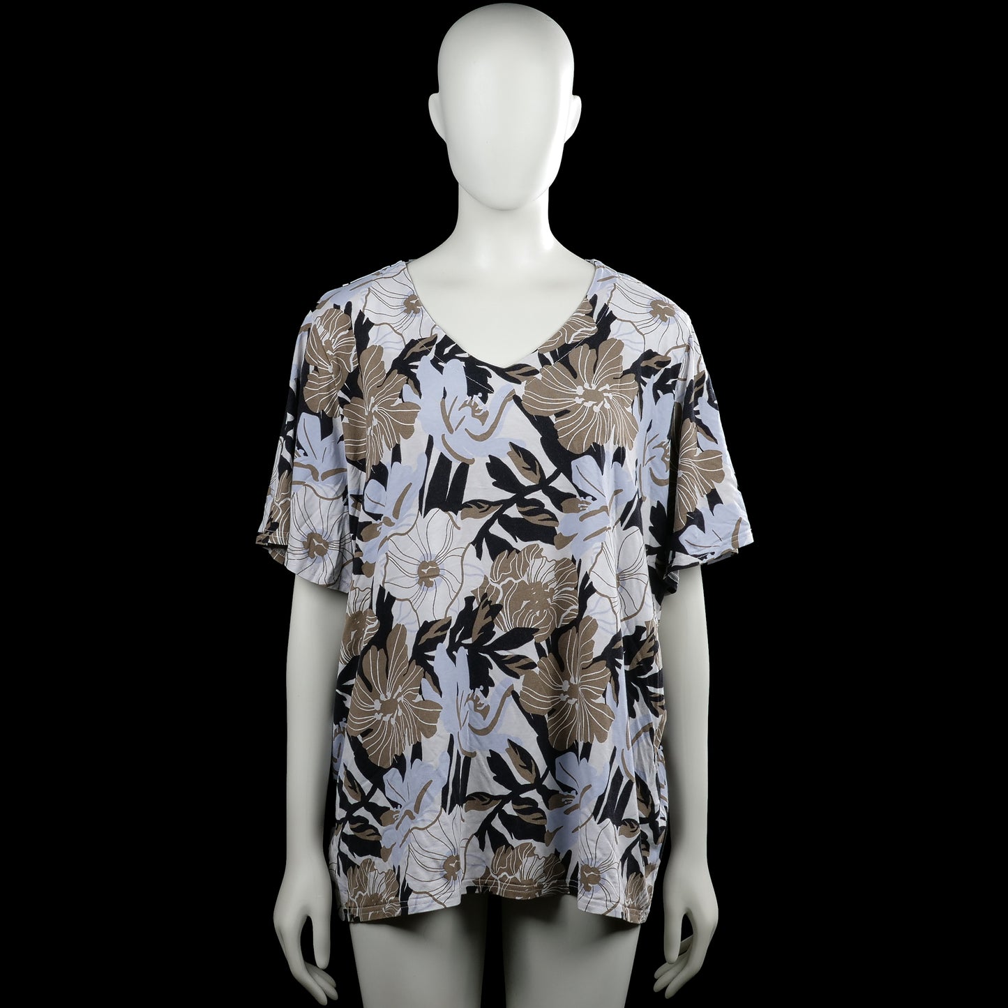 Nanso - T-shirt - White & Brown - Size XXXL - White and brown floral top with a V-neckline and short sleeves. Straight hem with plain sleeve cuffs.