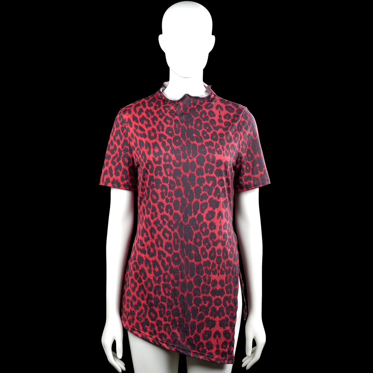 Tunic - Red & Charcoal - Size M - Red and charcoal leopard-pattern top with a high neckline and short sleeves. Curved hem with plain sleeve cuffs.