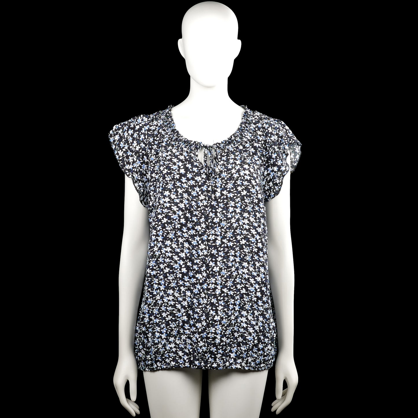 Zabaione - Blouse - Black & Light Blue - Size XL - Black and light blue floral top with a round neckline and short sleeves. Features a keyhole opening with ties at the front and an elastic hem.