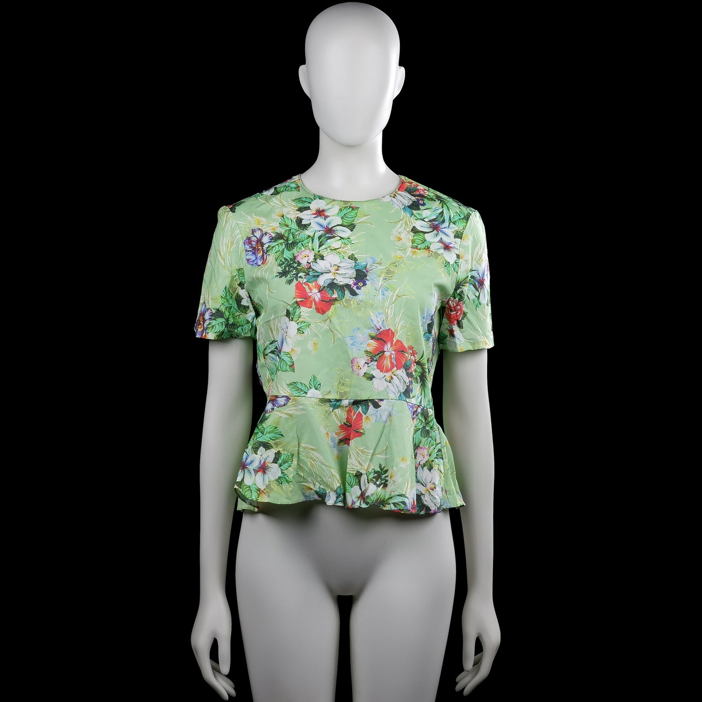Inditex - Blouse - Sage & Multicolored - Size XS - Sage top with a multicolored floral pattern, round neckline, and short sleeves. Features plain cuffs and a peplum hem.