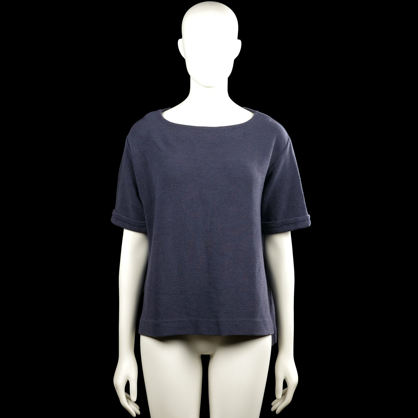 Sissy-boy - T-shirt - Navy - Size M - Navy solid top with a boat neckline and short sleeves with plain turned-up cuffs. Features a high-low hem with small side slits.