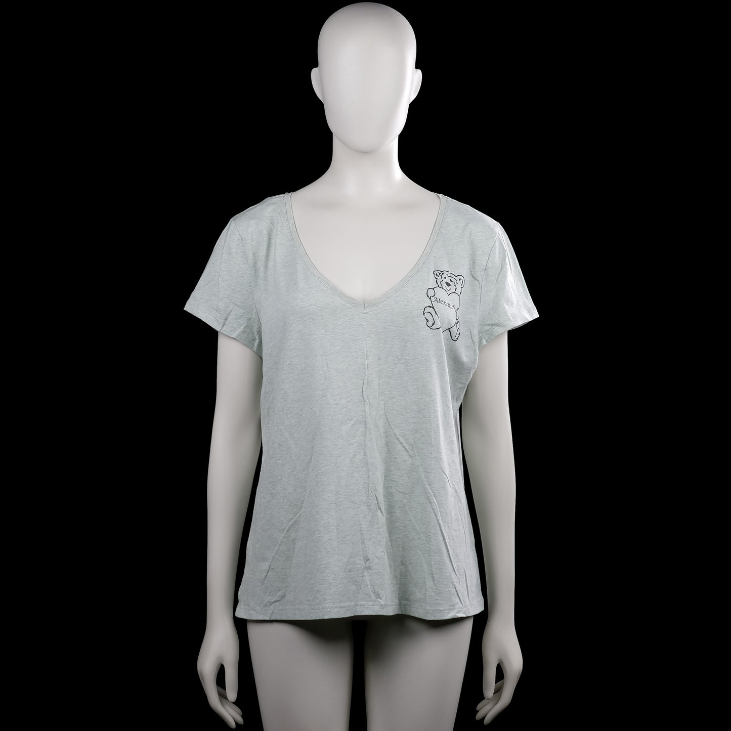 H&M - T-shirt - Light Gray - Size XL - Light gray short-sleeve top with a V-neckline and straight hem. Features black printed text and graphics on the front and back.