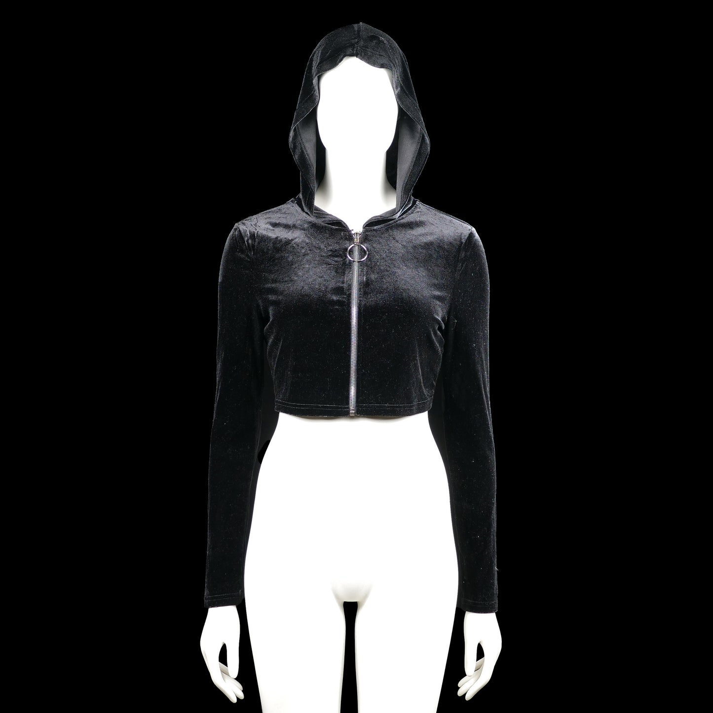 Shein - Hoodie - Black - Size S - Black solid hooded top with long sleeves and a full-length front zipper with a ring pull. Cropped length with a straight hem and plain cuffs.