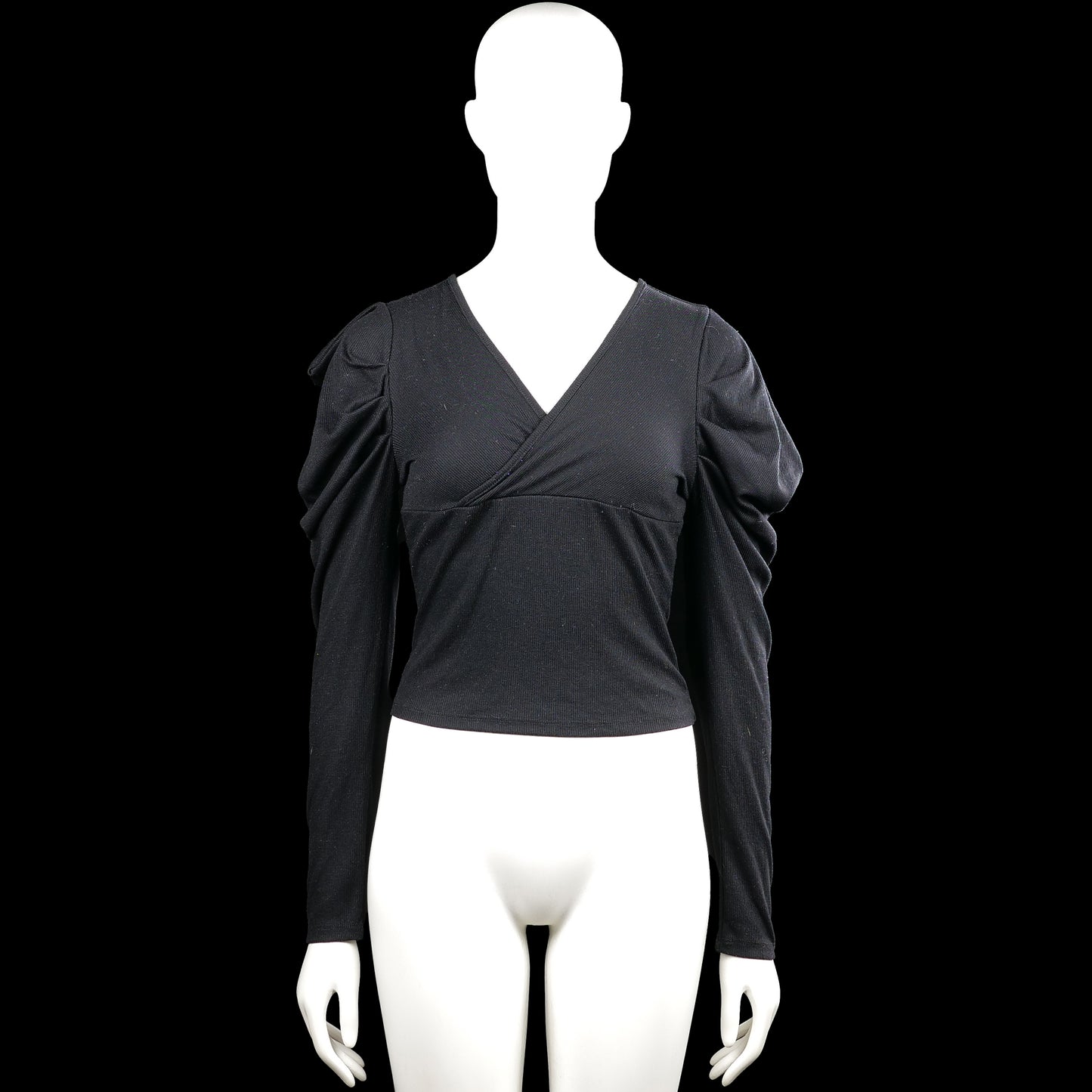 Shein - Long-sleeve top - Black - Size S - Black solid top with a V-neckline and long sleeves with ruched, puffed shoulders. Straight hem with no visible closures.