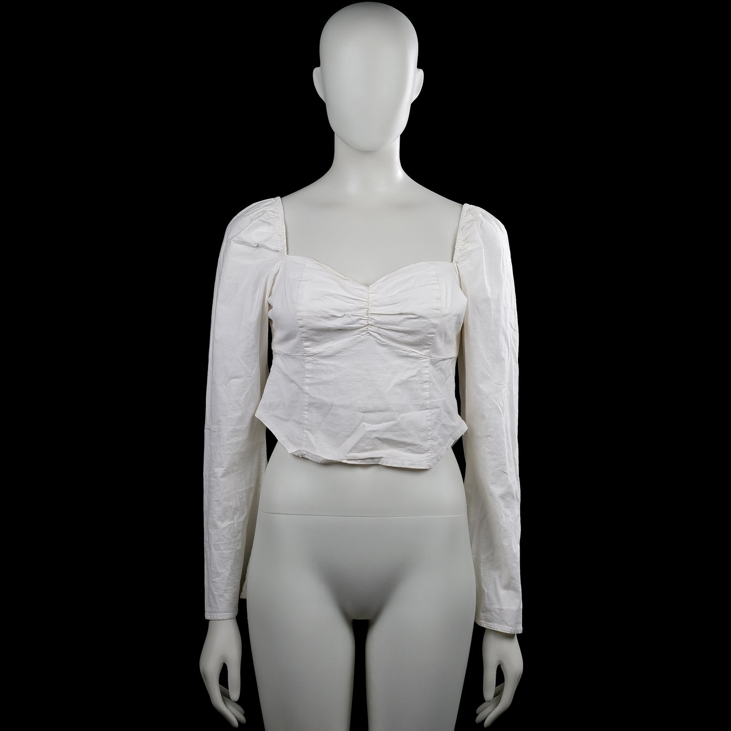 Nelly - Blouse - White - Size 38 - White solid top with a squared neckline and long sleeves with plain cuffs. Features ruched detailing at the center front and an asymmetrical pointed hem.
