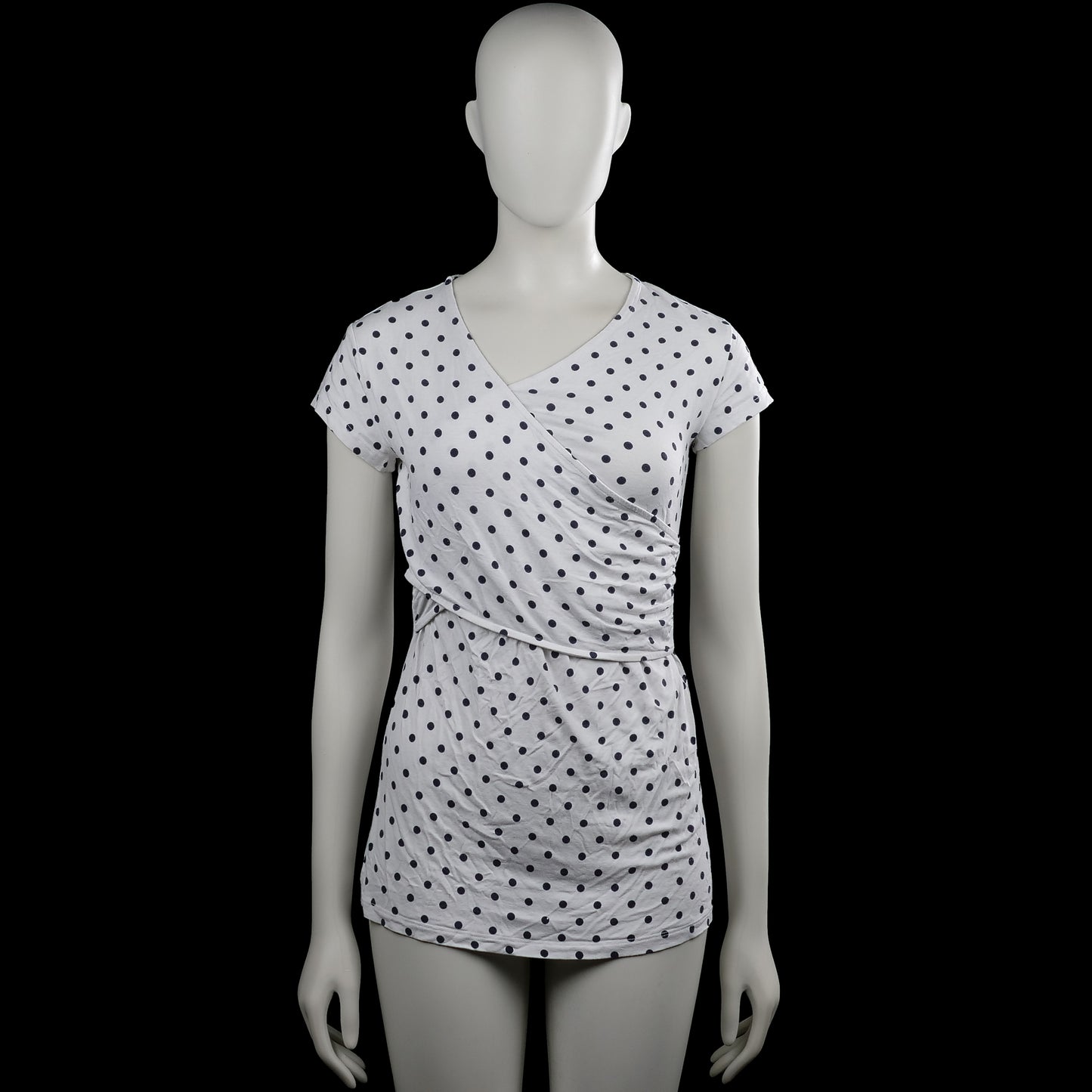 Envie de fraise - T-shirt - White & Black - Size S - White top with black polka dots and a V-neck wrap-style front. Features short sleeves with plain cuffs and a straight hem.