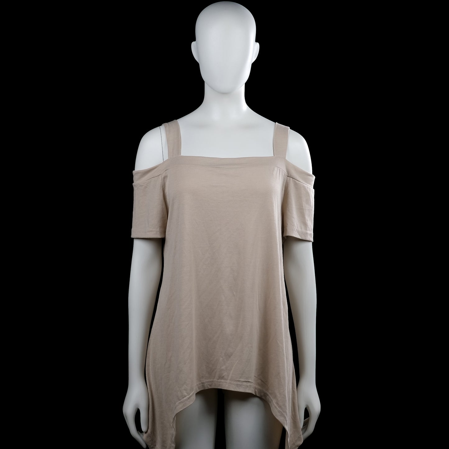 Tunic - Taupe - Size L - Taupe solid top with a squared neckline and wide shoulder straps, plus off-shoulder short sleeves. High-low hem with plain sleeve cuffs.