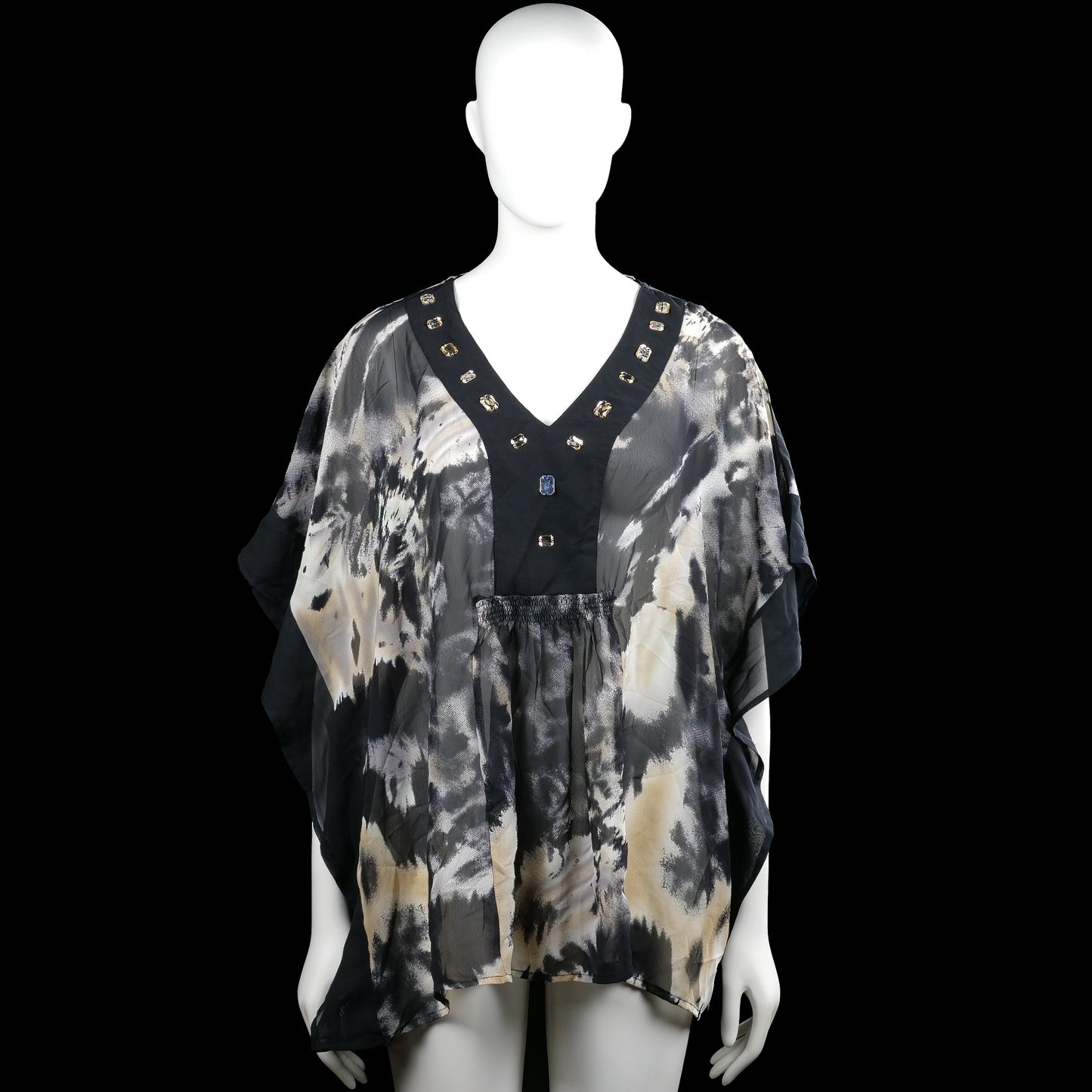 Micha - Tunic - Black & Ivory - Size 44 - Black and ivory printed top with a V-neck trimmed in black and stud details. Short wide sleeves with plain cuffs and a straight hem.