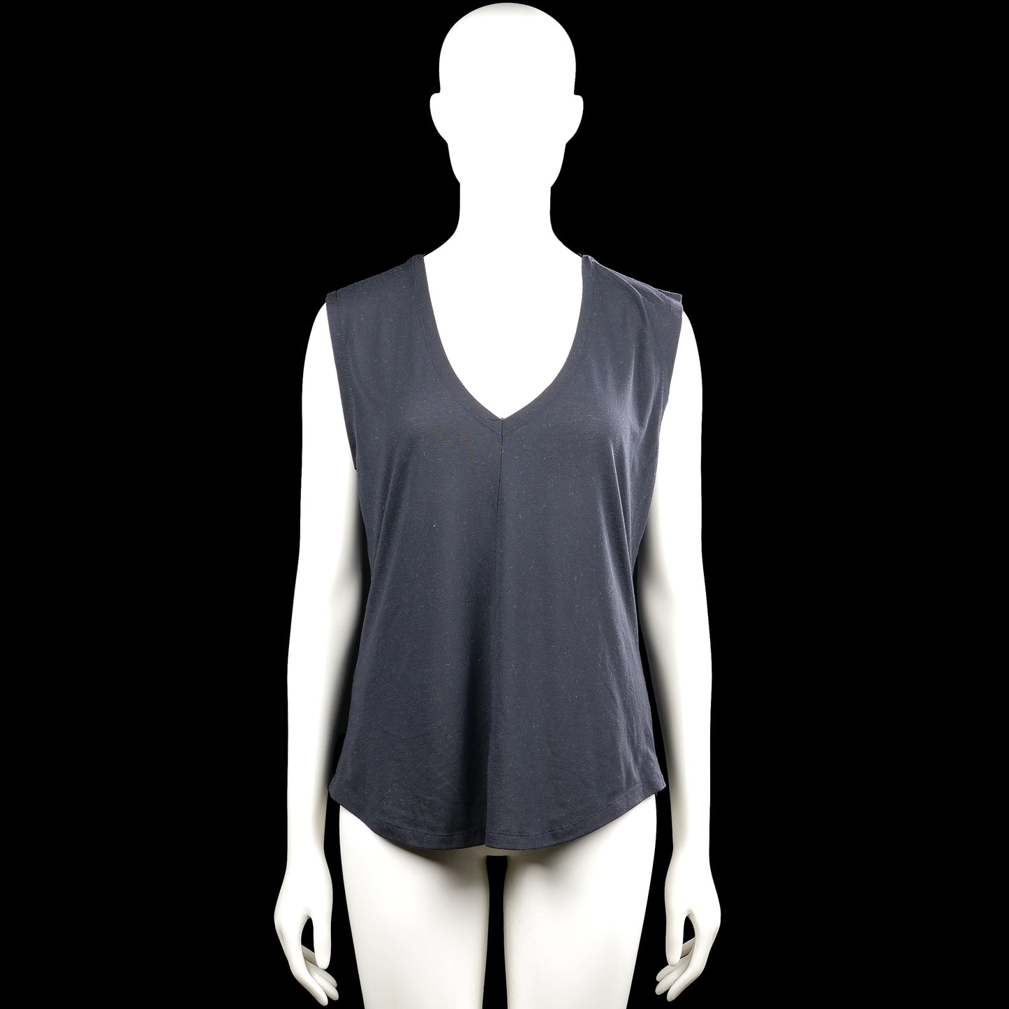 Soc - Tank top - Navy - Size M - Navy solid sleeveless top with a V-neckline and a center front seam. Curved hem and plain arm openings, with a narrow strap visible at the upper back.