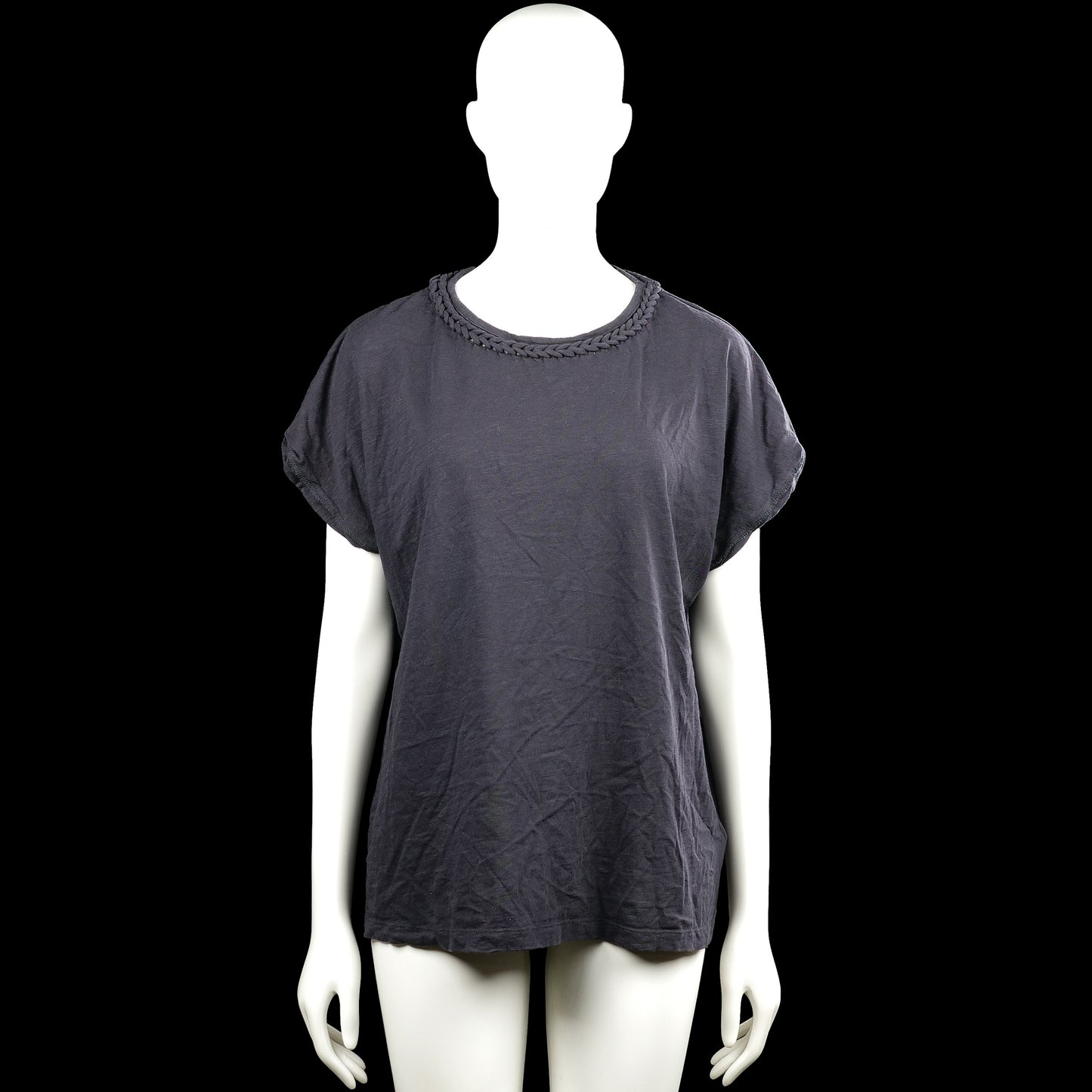 Ms Mode - T-shirt - Dark Gray - Size L - Dark gray solid top with a round neckline featuring braided trim. Short sleeves with plain cuffs and a straight hem.