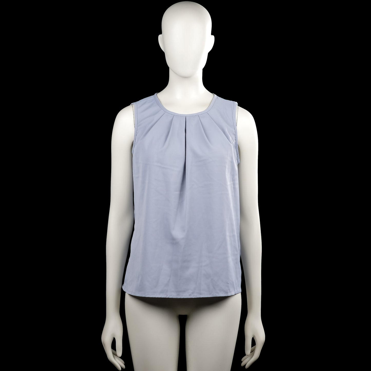 Shein - Blouse - Light Blue - Size M - Light blue solid sleeveless top with a round neckline and pleated front detail. Straight hem and a back keyhole opening with a button closure.