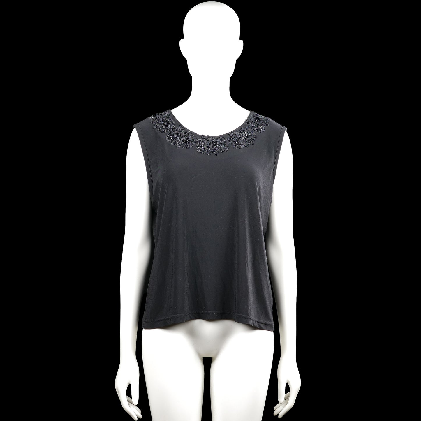 Tank top - Charcoal - Size L - Charcoal solid sleeveless top with a scoop neckline and floral embroidery along the neckline. Straight hem with no visible closures or pockets.