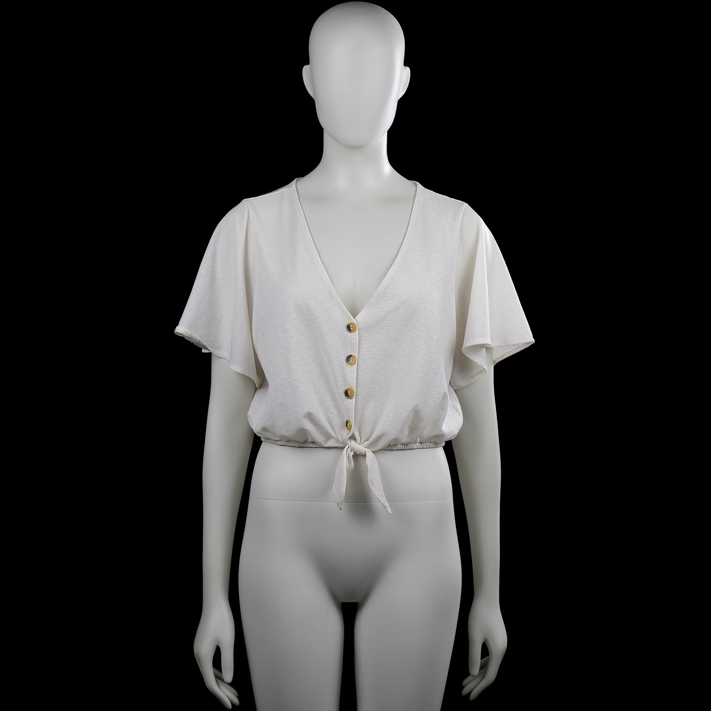H&M Divided - Blouse - Ivory - Size M - Ivory solid top with a V-neck and short flutter sleeves. Features a button front and an elastic hem with a front tie.