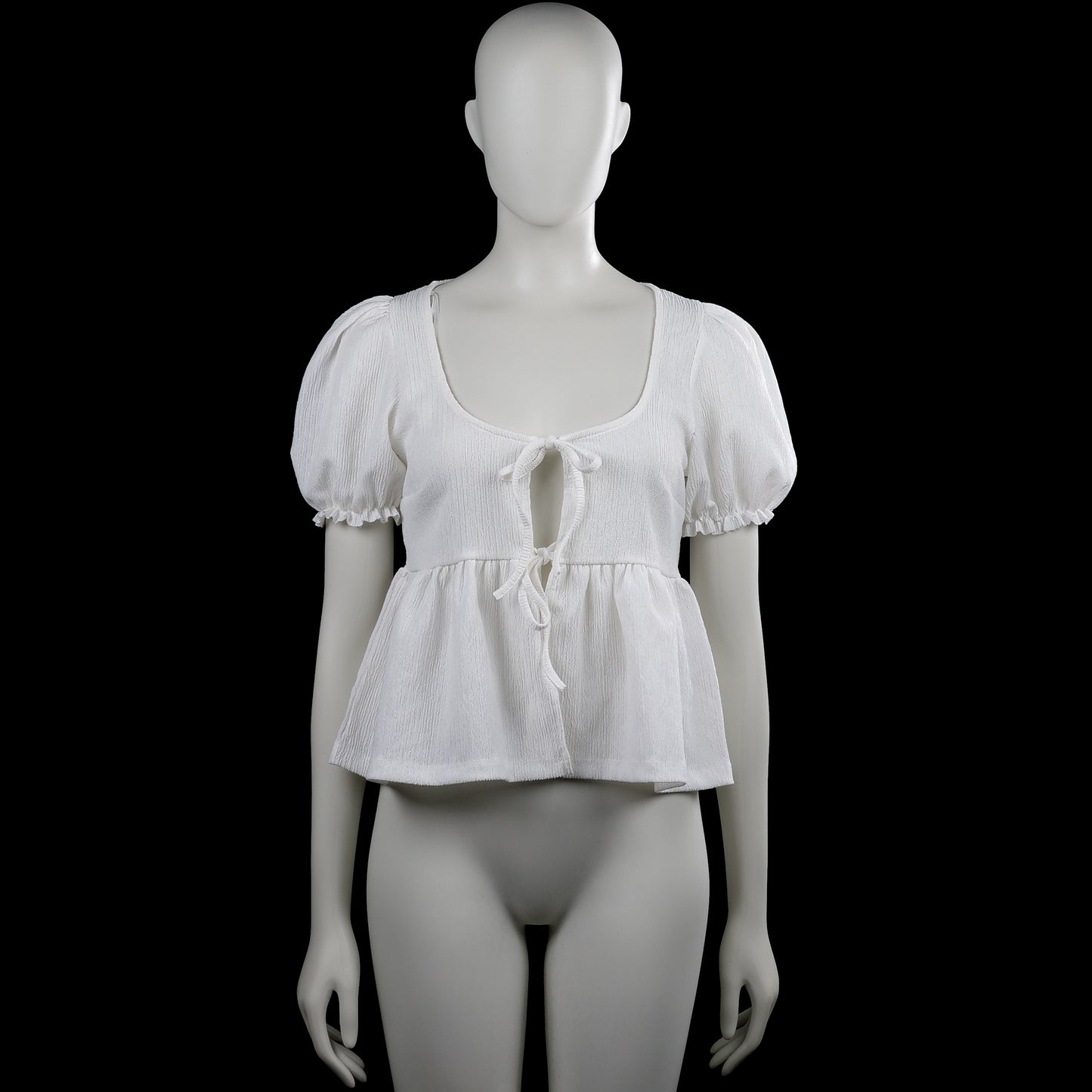 Gina Tricot - Blouse - White - Size S - White solid top with a scoop neckline and short puff sleeves with elastic cuffs. Features a front opening with tie closures and a straight hem.