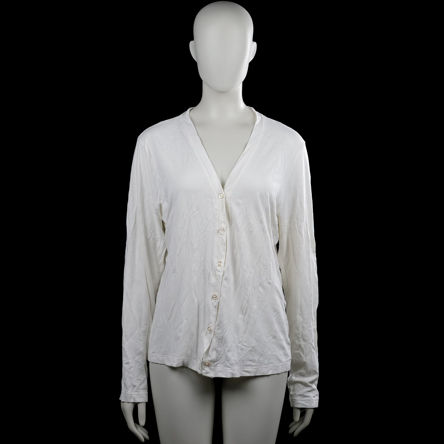 Machine - Shirt - White - Size L - White solid long-sleeve top with a V-neck and button-front closure. Straight hem and plain cuffs.